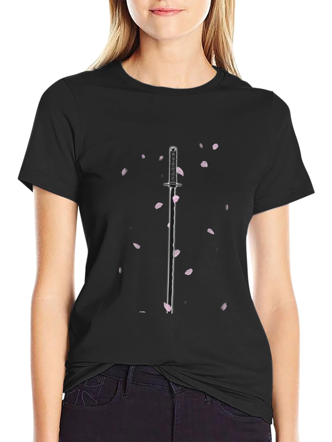Samurai Sword & Sakura Blossom Black T-Shirt