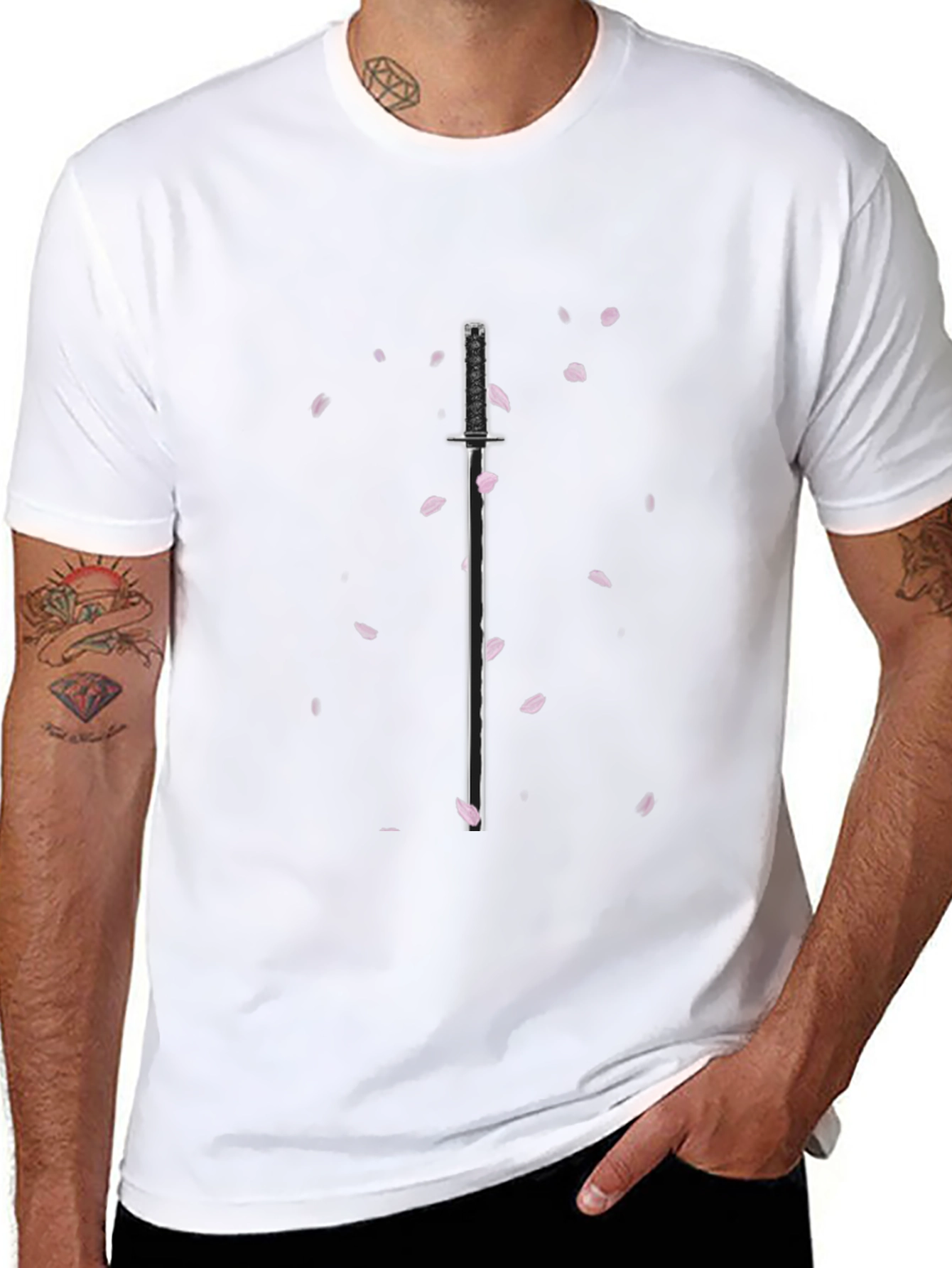 Samurai Sword & Sakura Blossom Black T-Shirt
