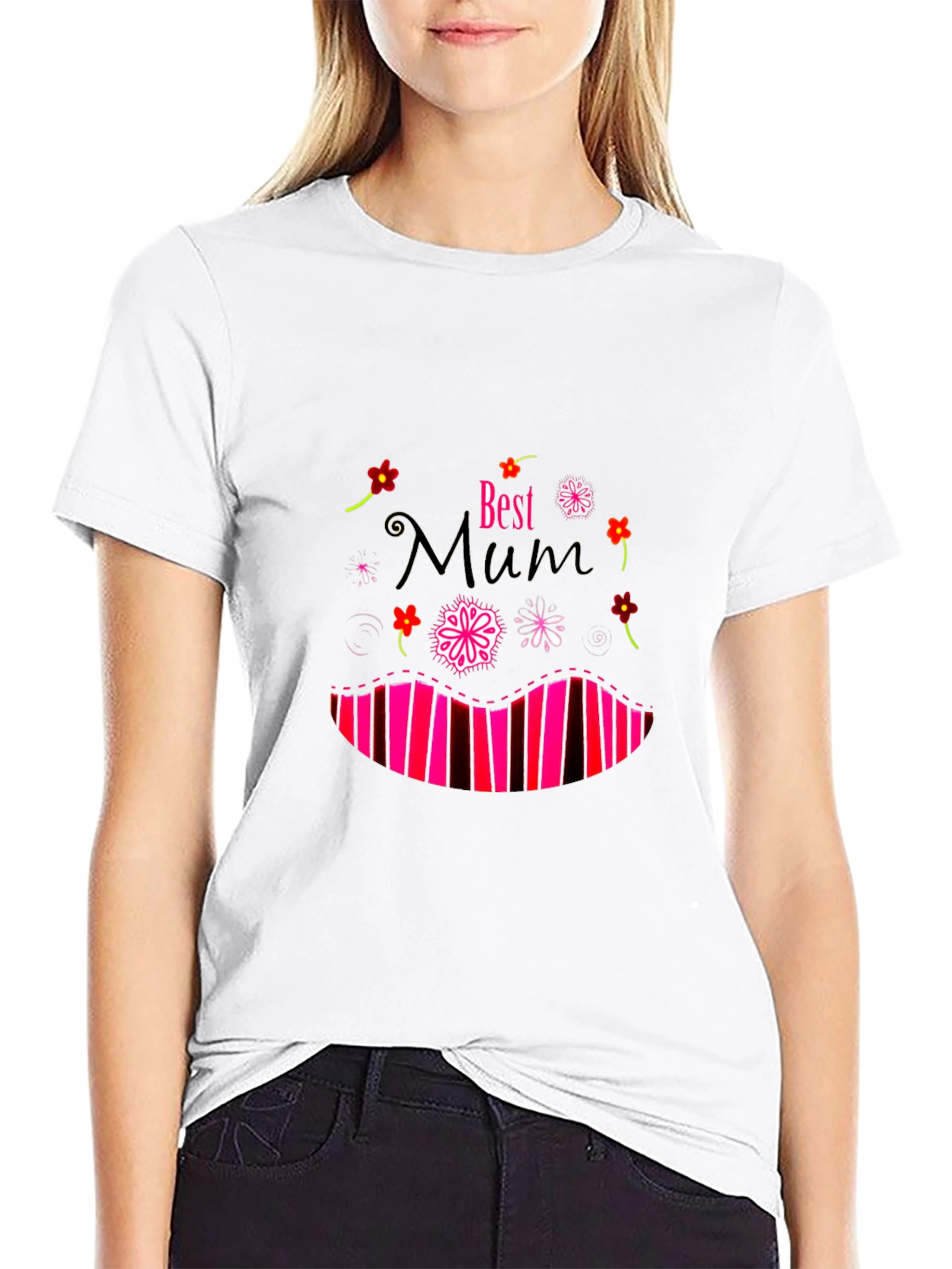 Best Mum T-Shirt: Floral & Striped Design