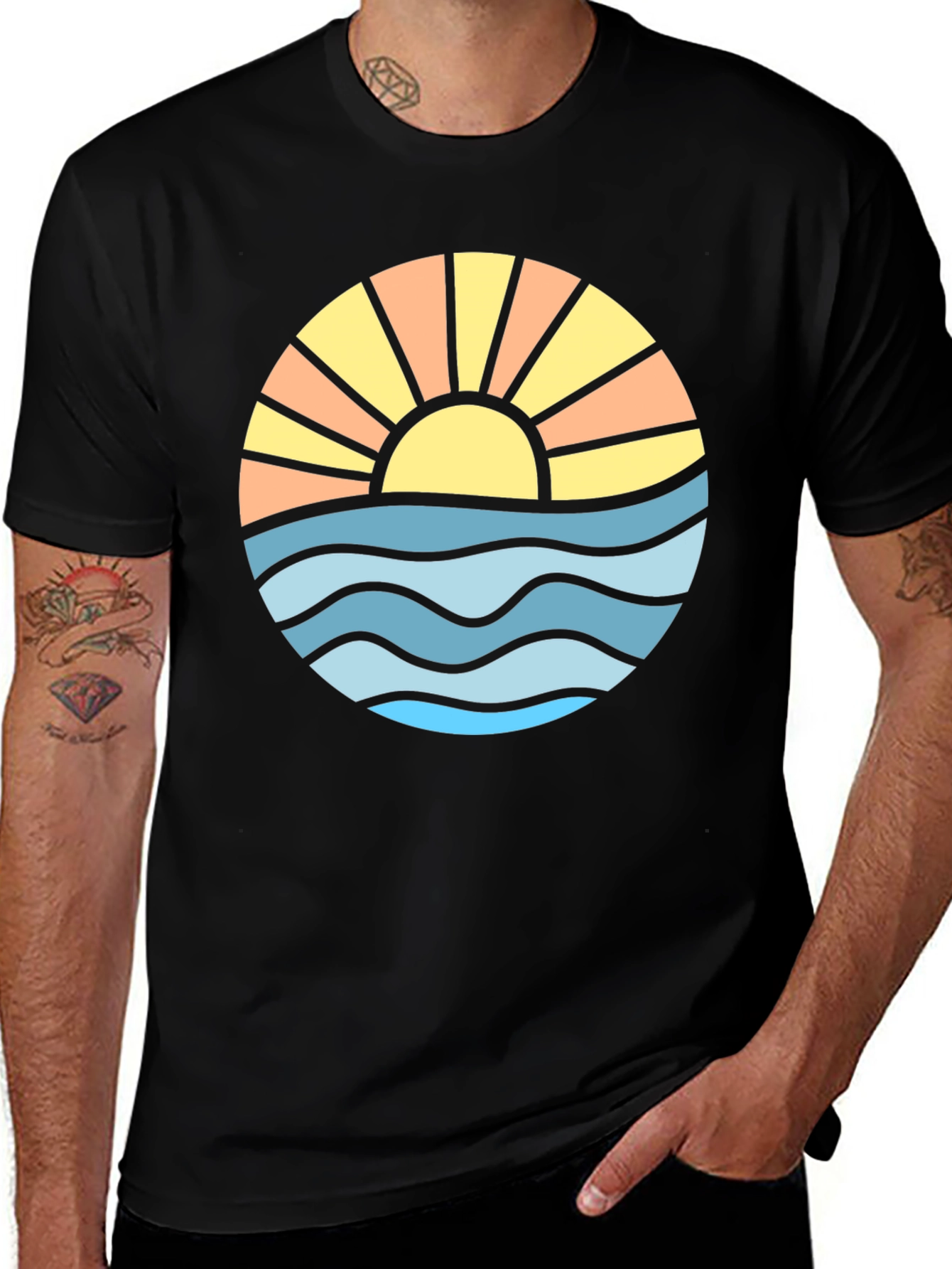 Sunset Ocean Wave Graphic Tee - Black