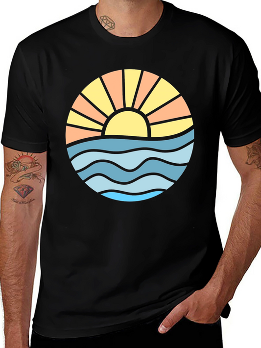 Sunset Ocean Wave Graphic Tee - Black
