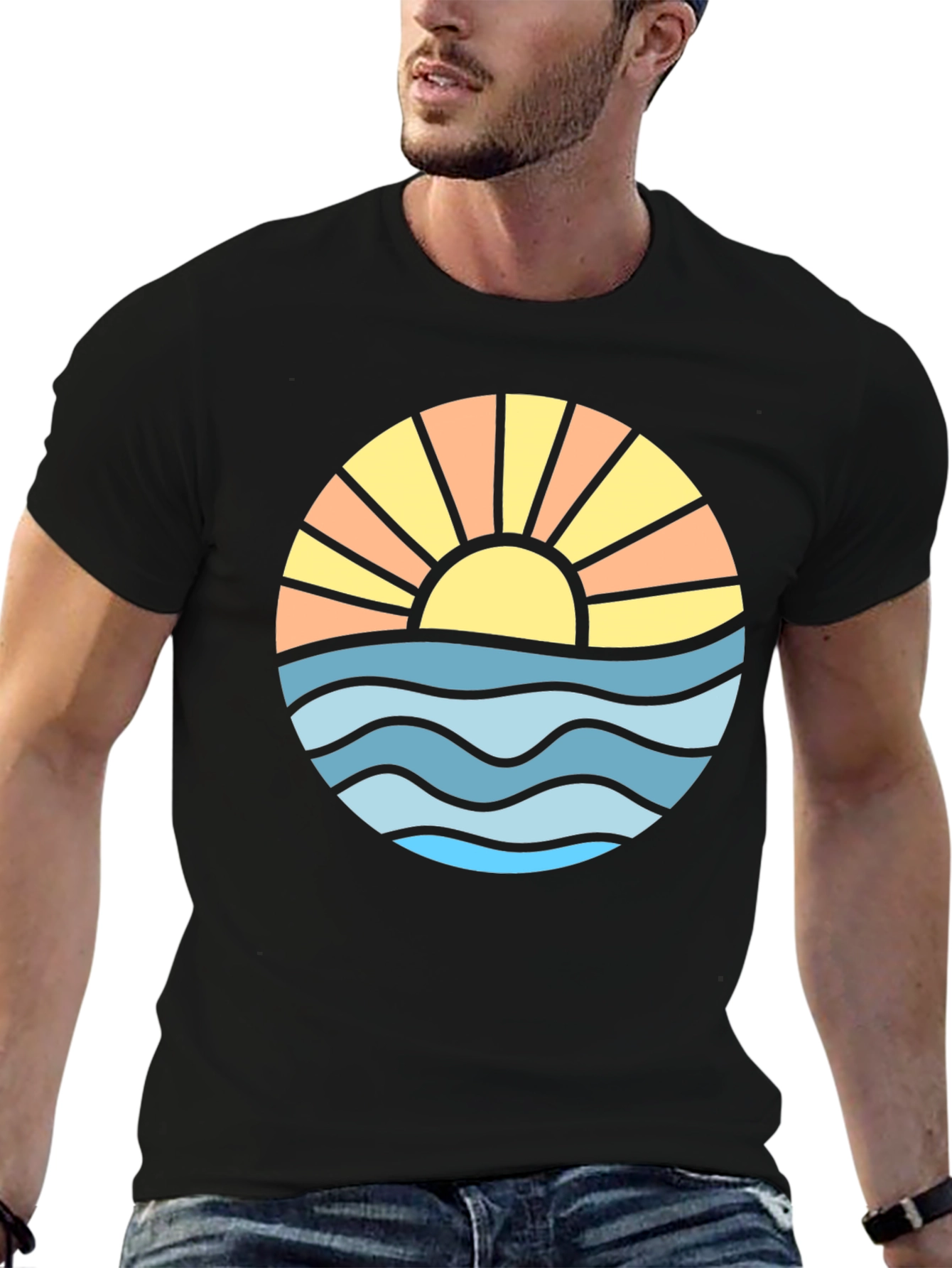 Sunset Ocean Wave Graphic Tee - Black