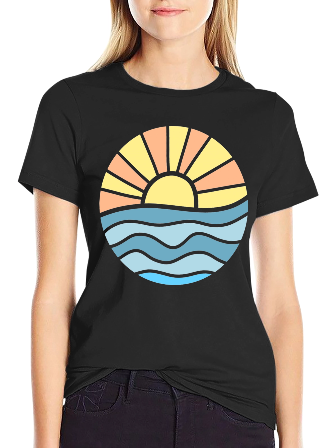 Sunset Ocean Wave Graphic Tee - Black