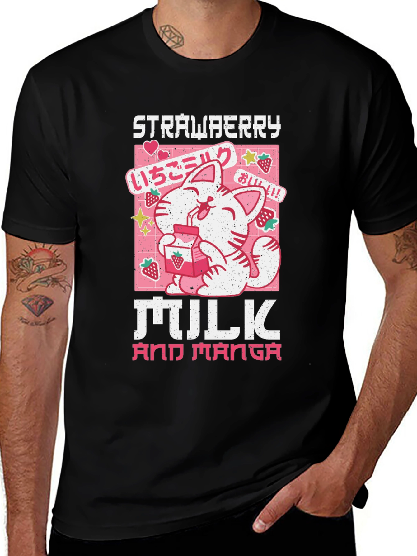 Strawberry Milk & Manga Black T-Shirt