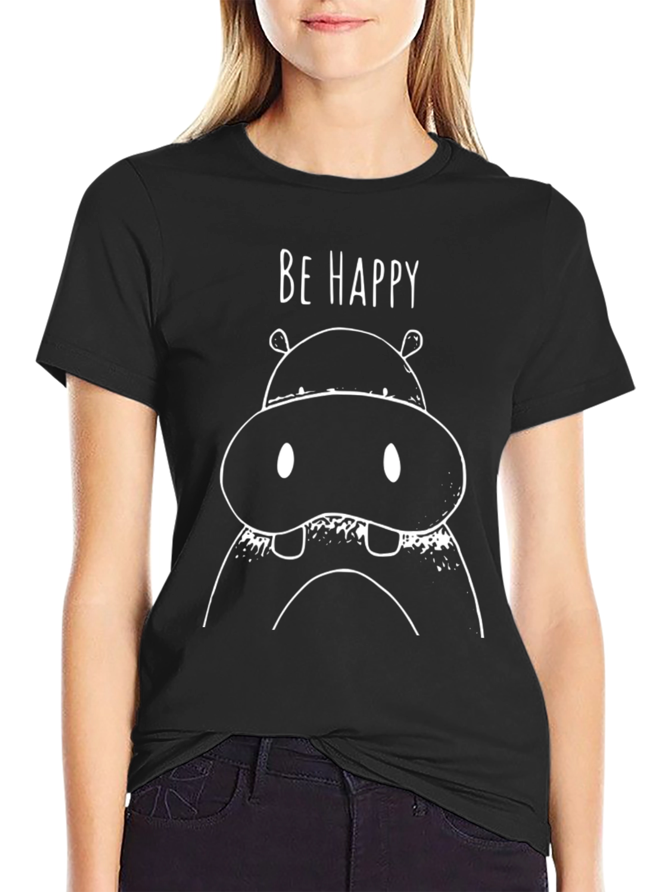Be Happy Hippo Graphic Tee - Mens Black T-Shirt