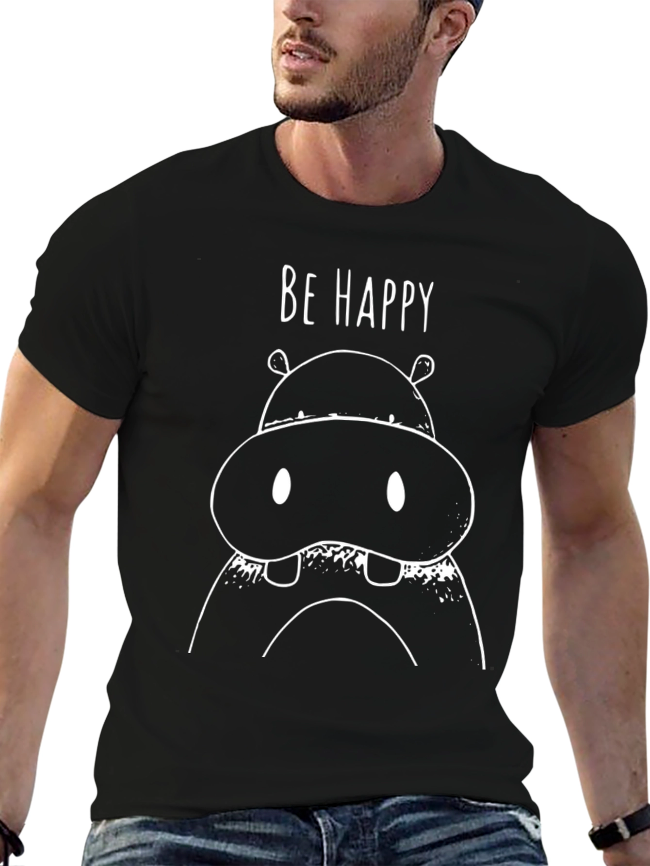Be Happy Hippo Graphic Tee - Mens Black T-Shirt