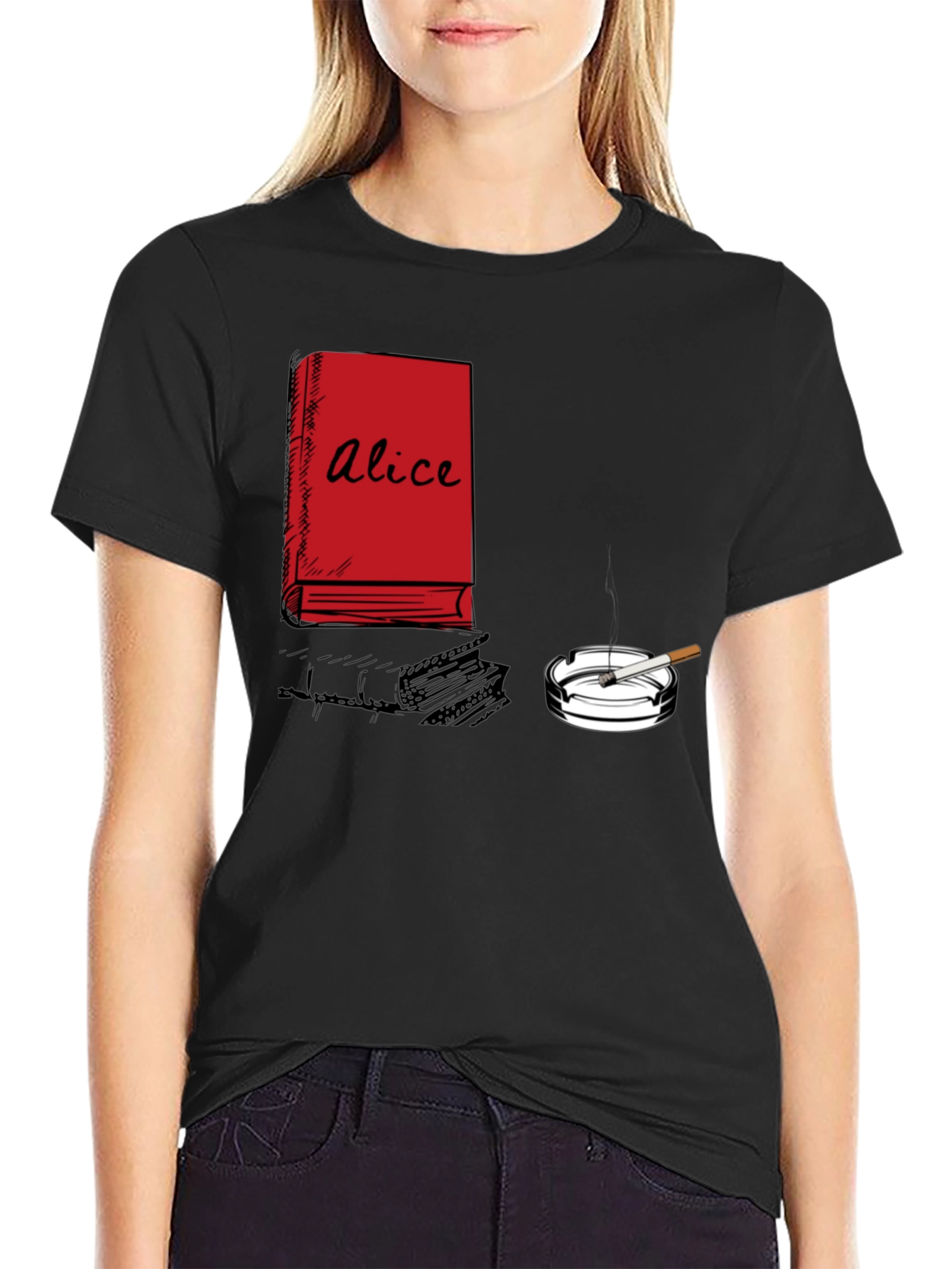 Alice Book & Cigarette Graphic T-Shirt - Black