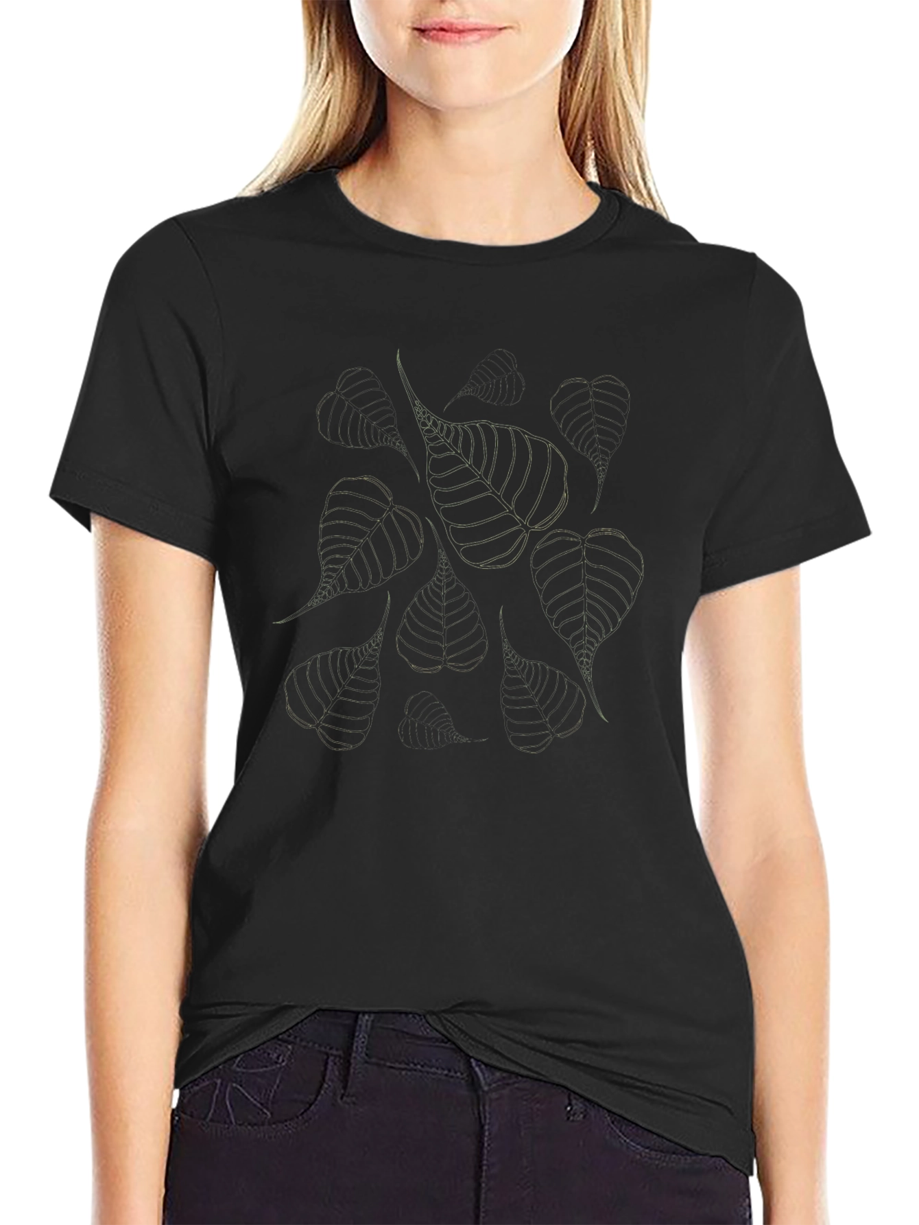 Black Leaf Print Casual T-Shirt