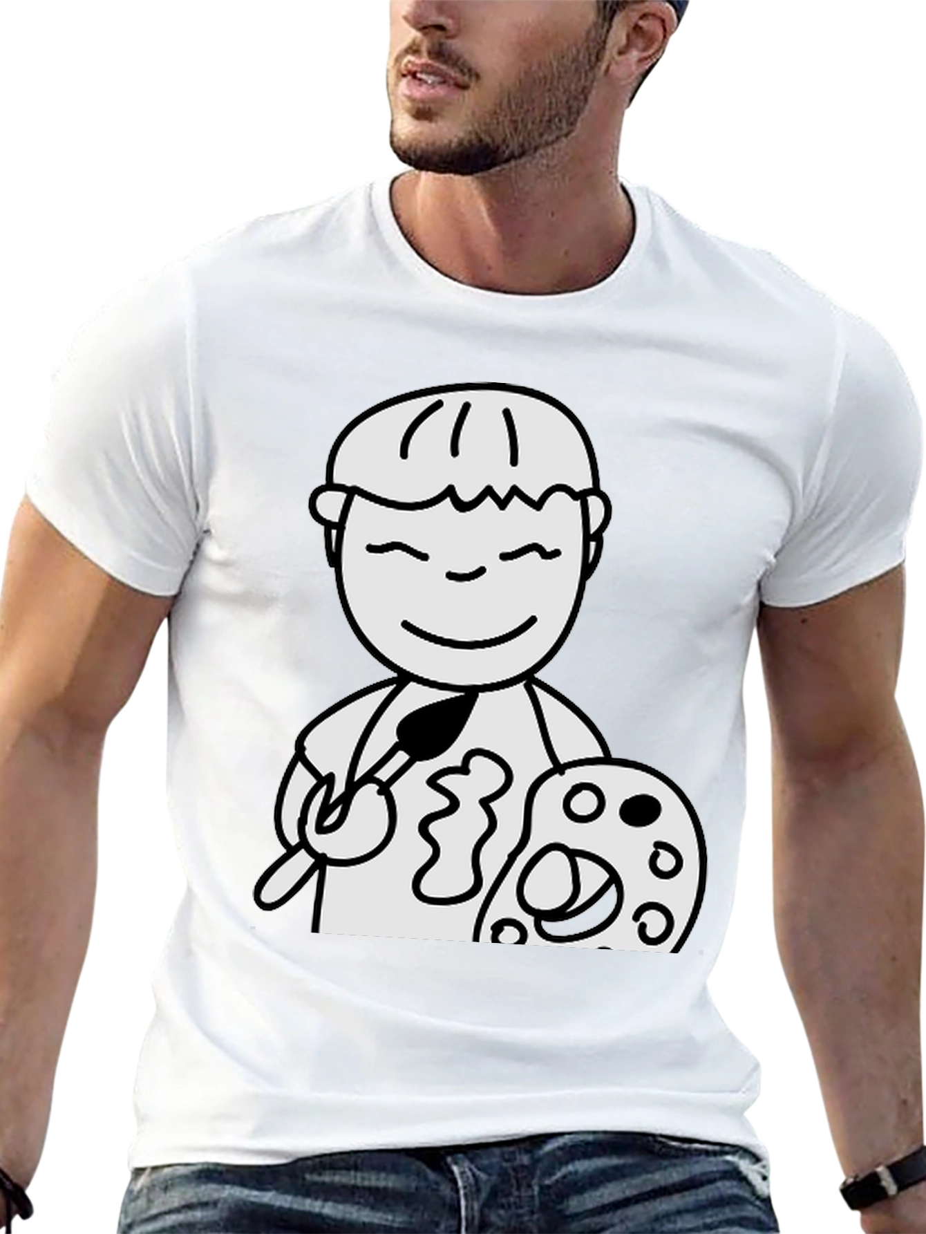 Cartoon Artist Graphic T-Shirt - Black Cotton Tee