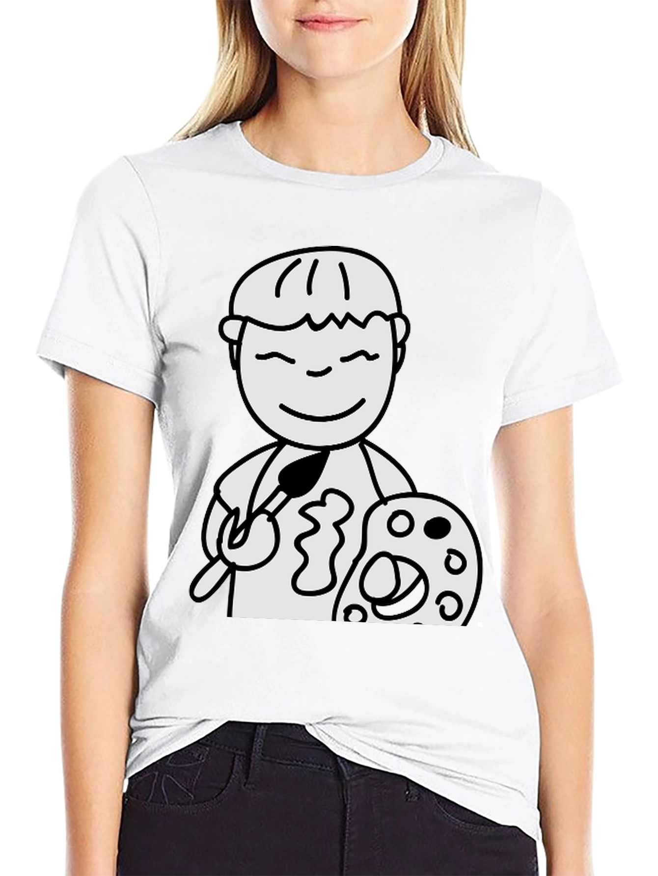 Cartoon Artist Graphic T-Shirt - Black Cotton Tee