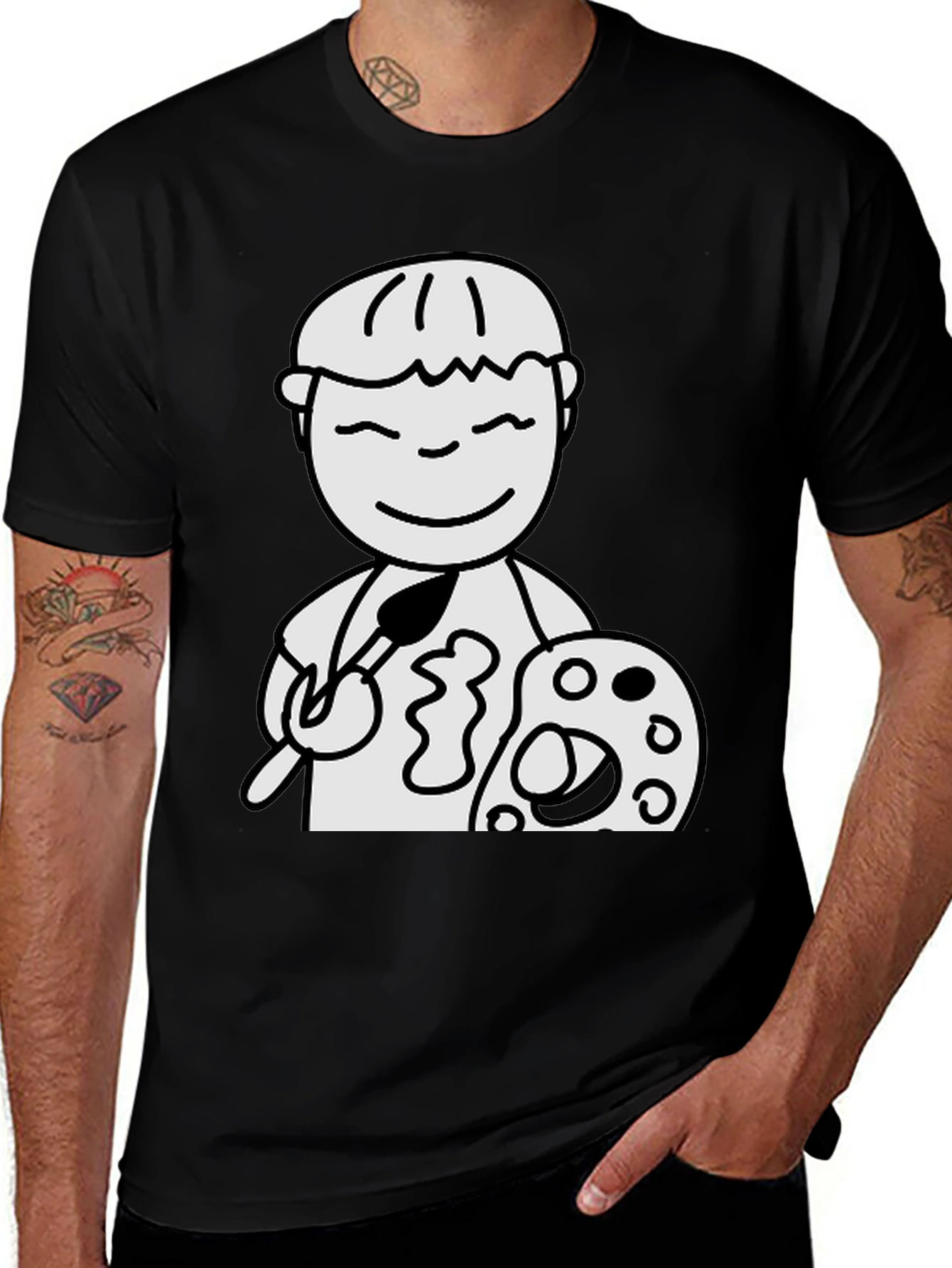 Cartoon Artist Graphic T-Shirt - Black Cotton Tee