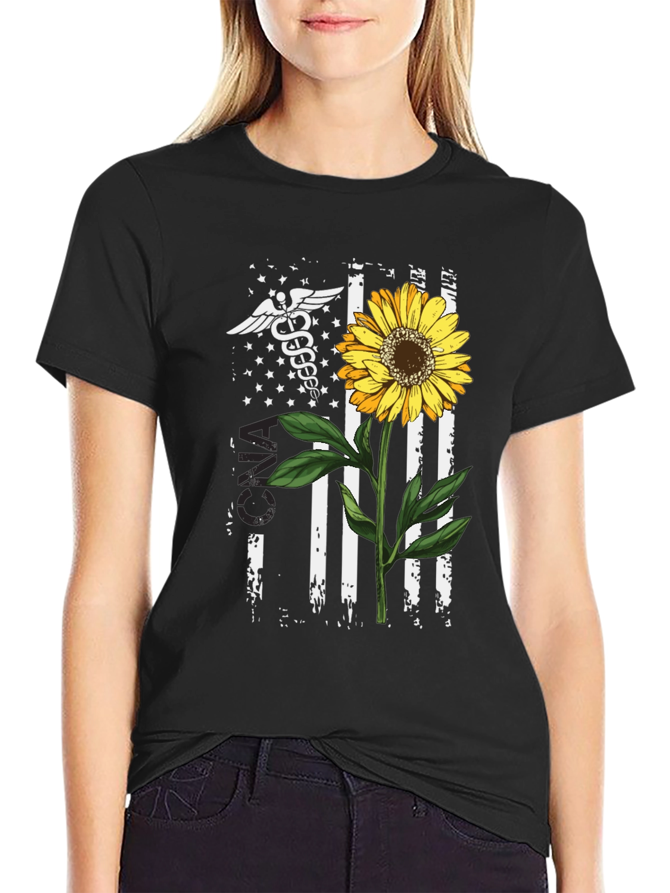 American Flag Sunflower Nurse T-Shirt