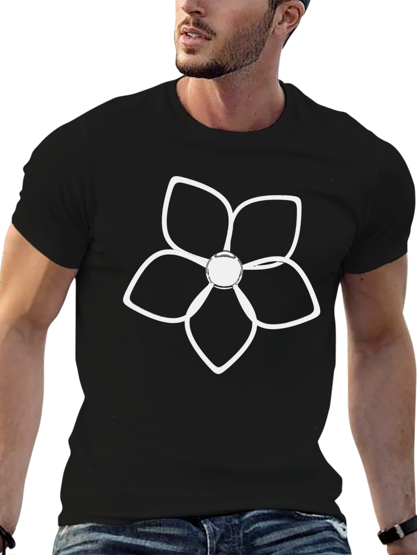 Black T-Shirt with White Flower Graphic