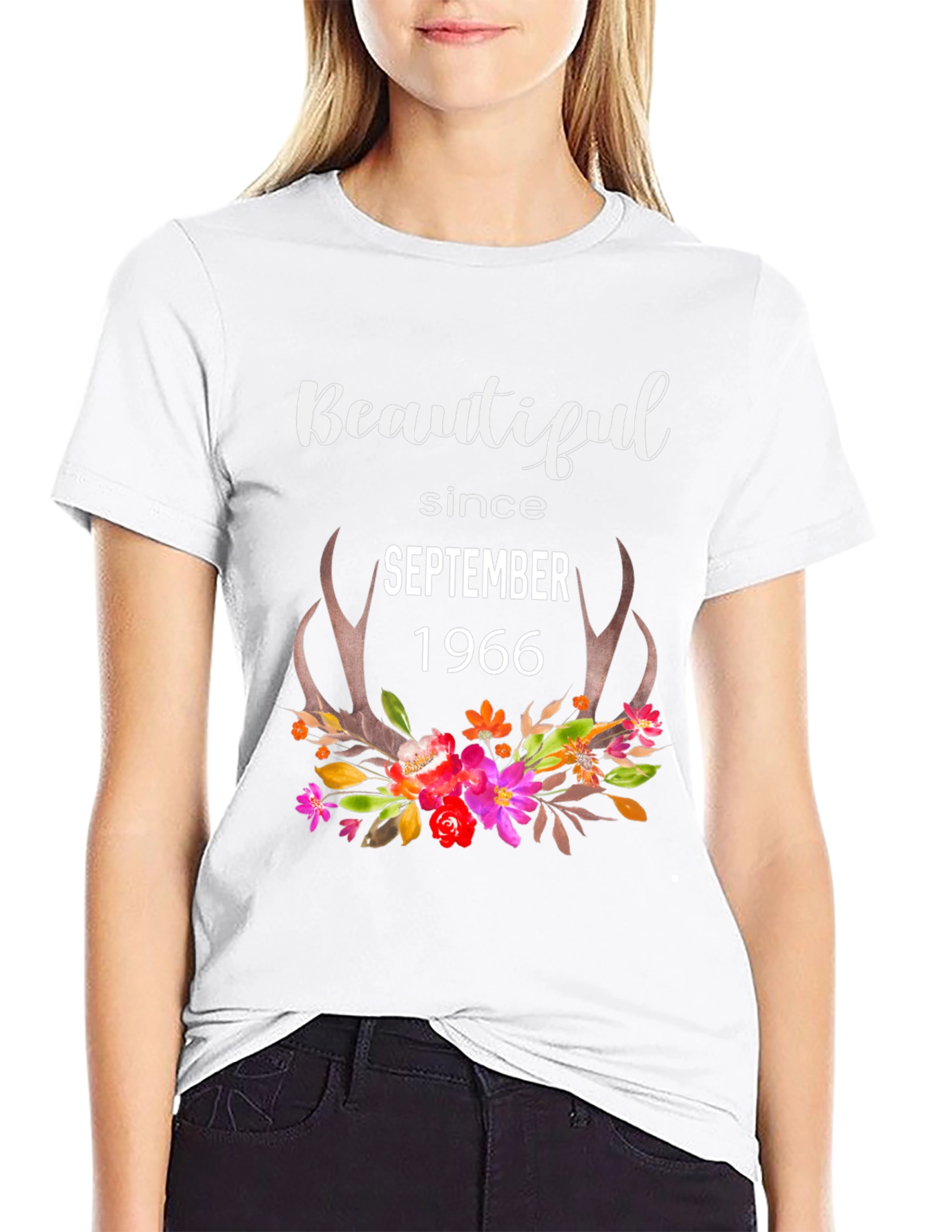 Beautiful Since September 1966 Floral Antler T-Shirt