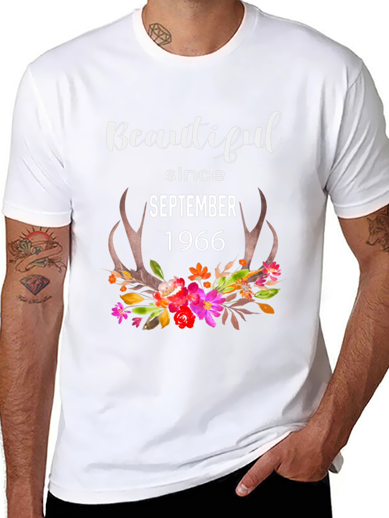 Beautiful Since September 1966 Floral Antler T-Shirt
