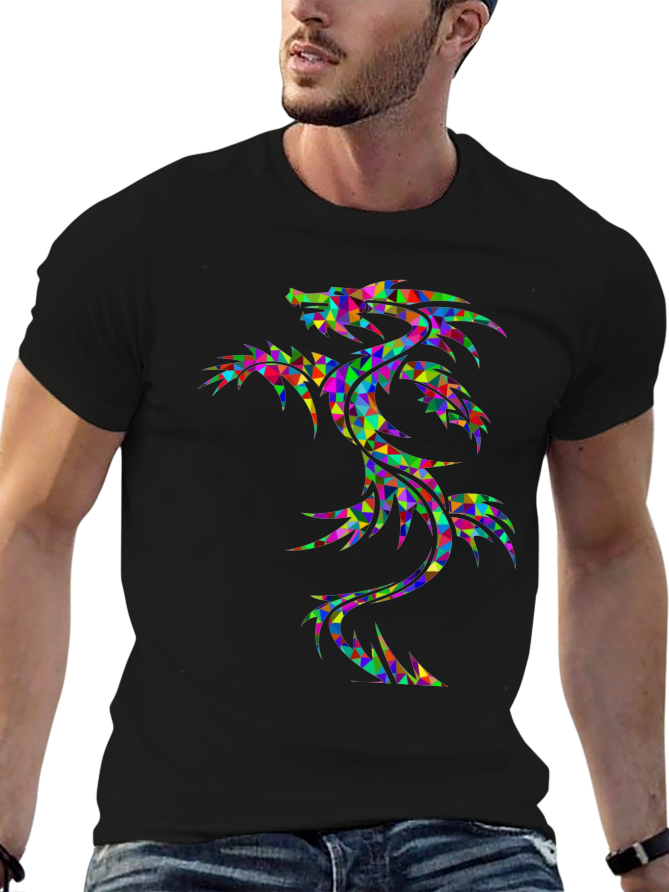 Geometric Dragon Graphic Tee - Bold Black Shirt