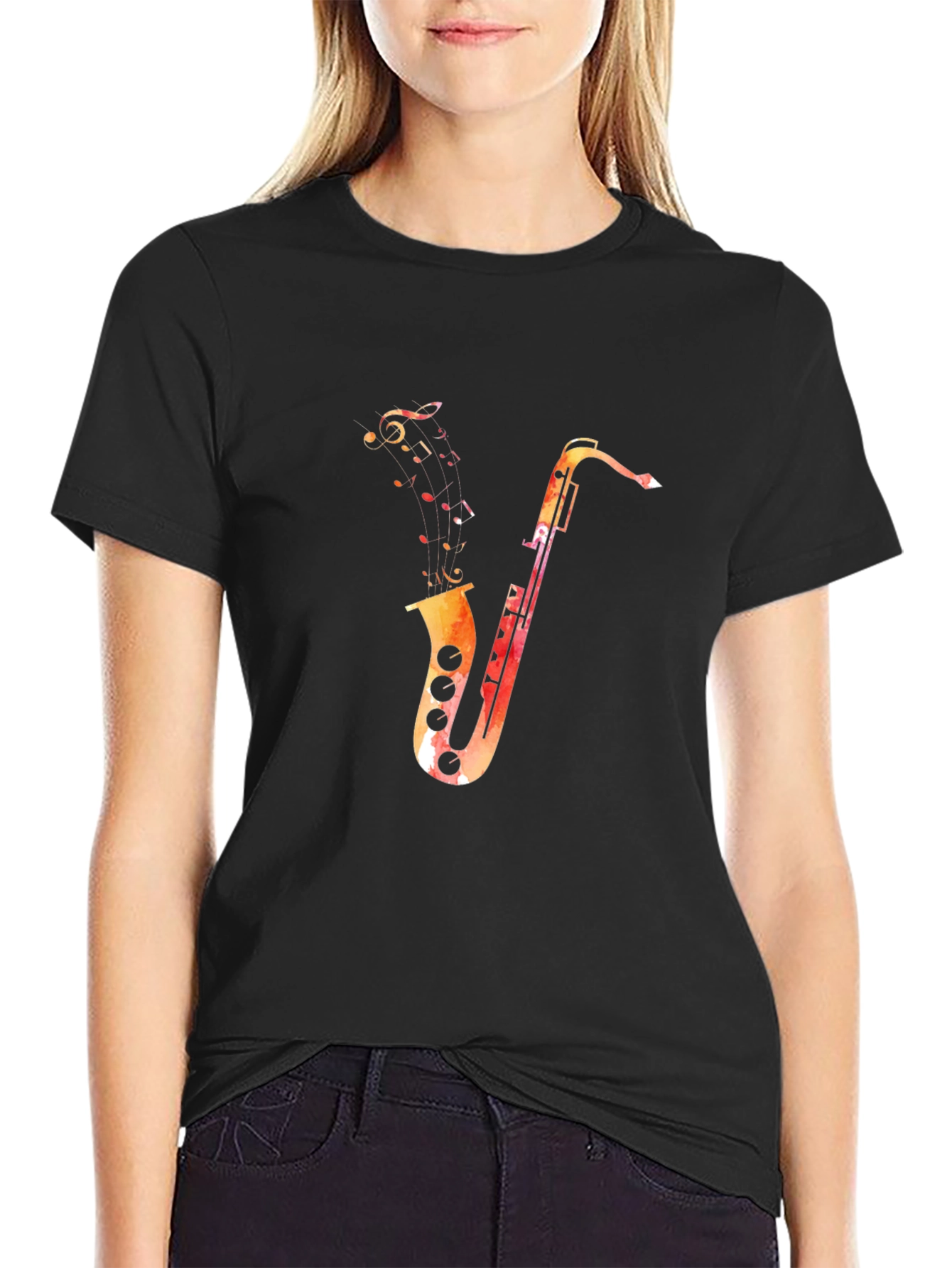 Saxophone Music Notes Graphic Black T-Shirt