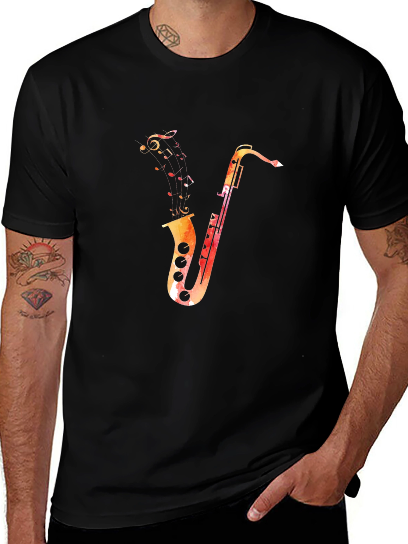 Saxophone Music Notes Graphic Black T-Shirt