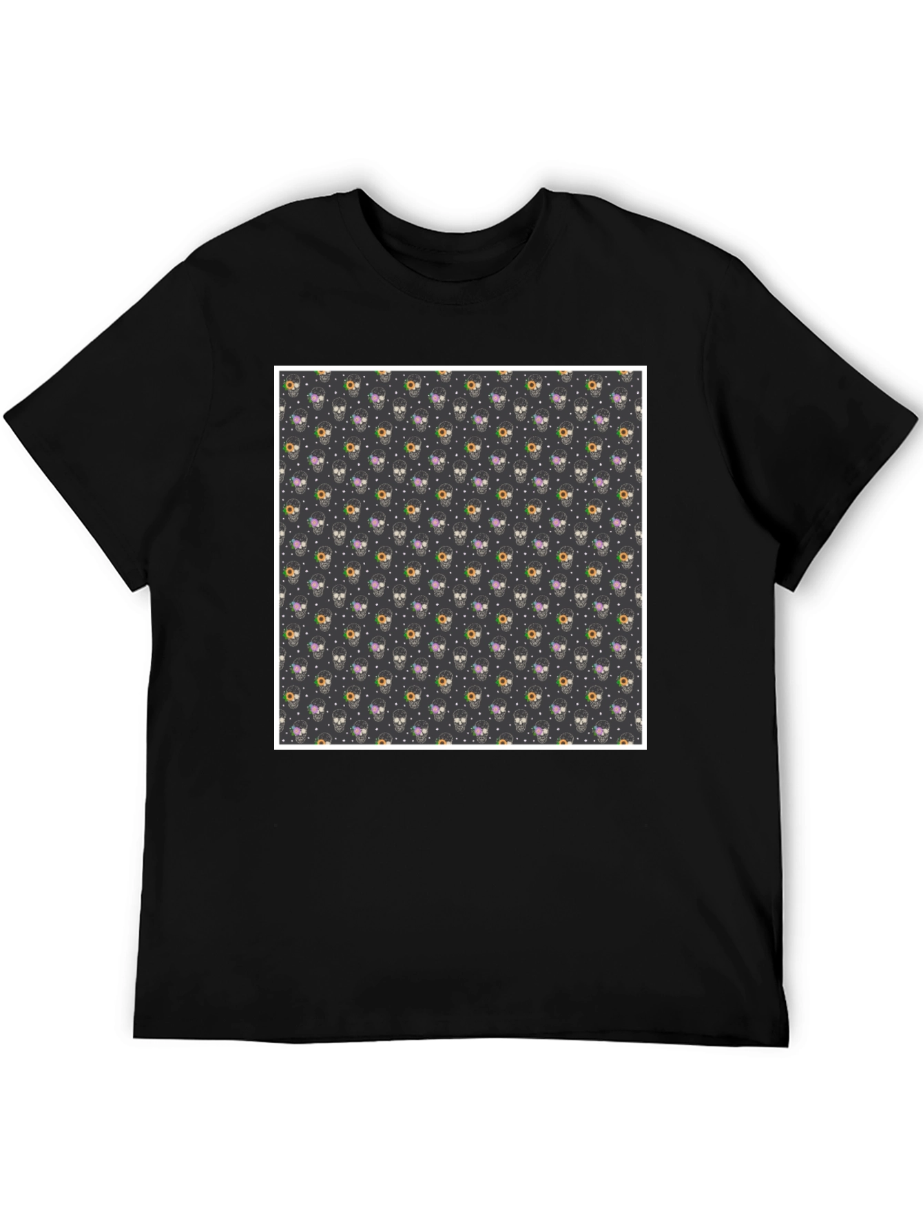 Skull & Floral Print Black T-Shirt