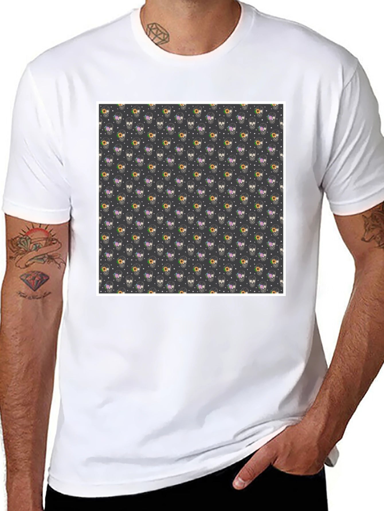 Skull & Floral Print Black T-Shirt