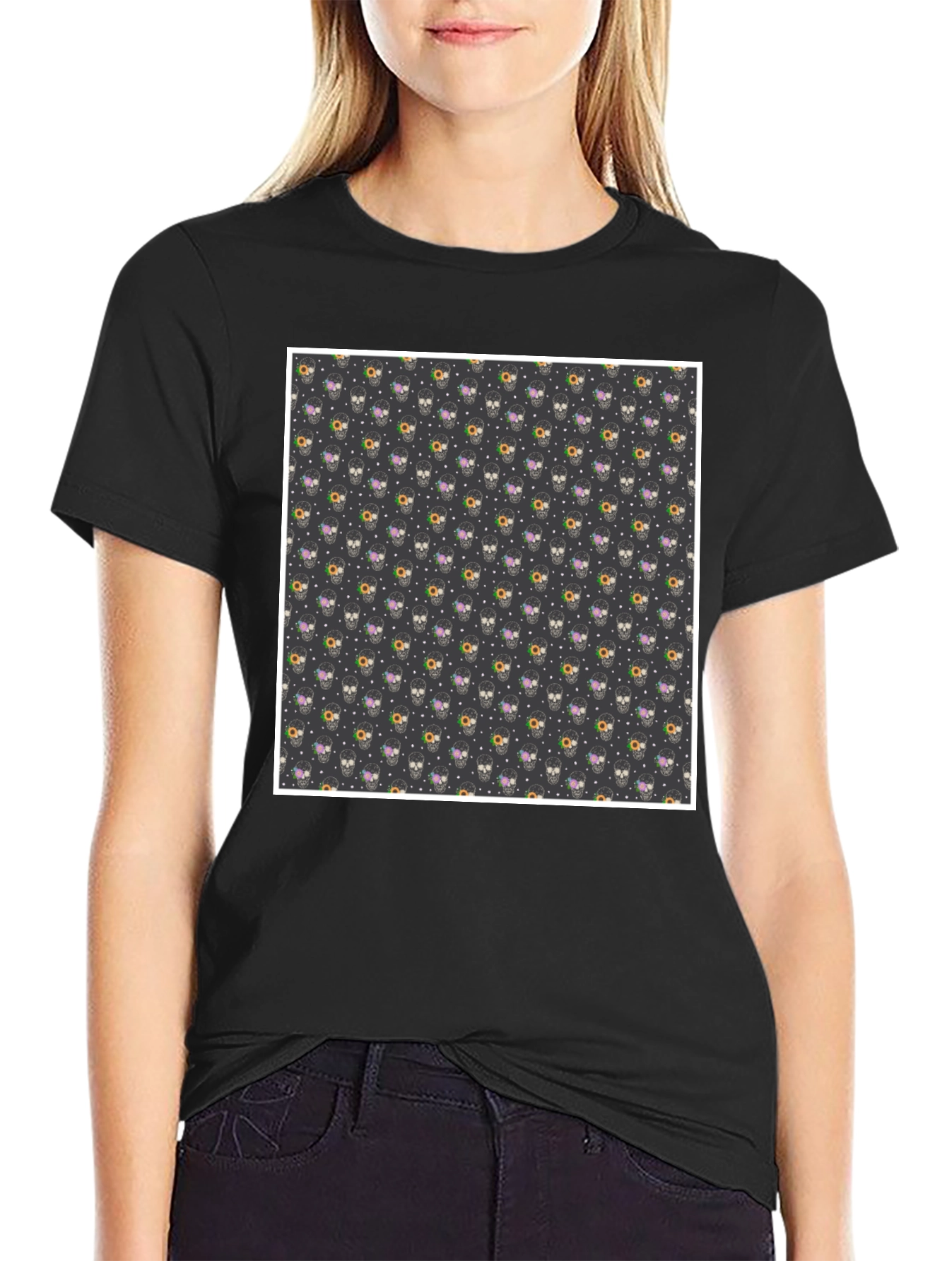 Skull & Floral Print Black T-Shirt