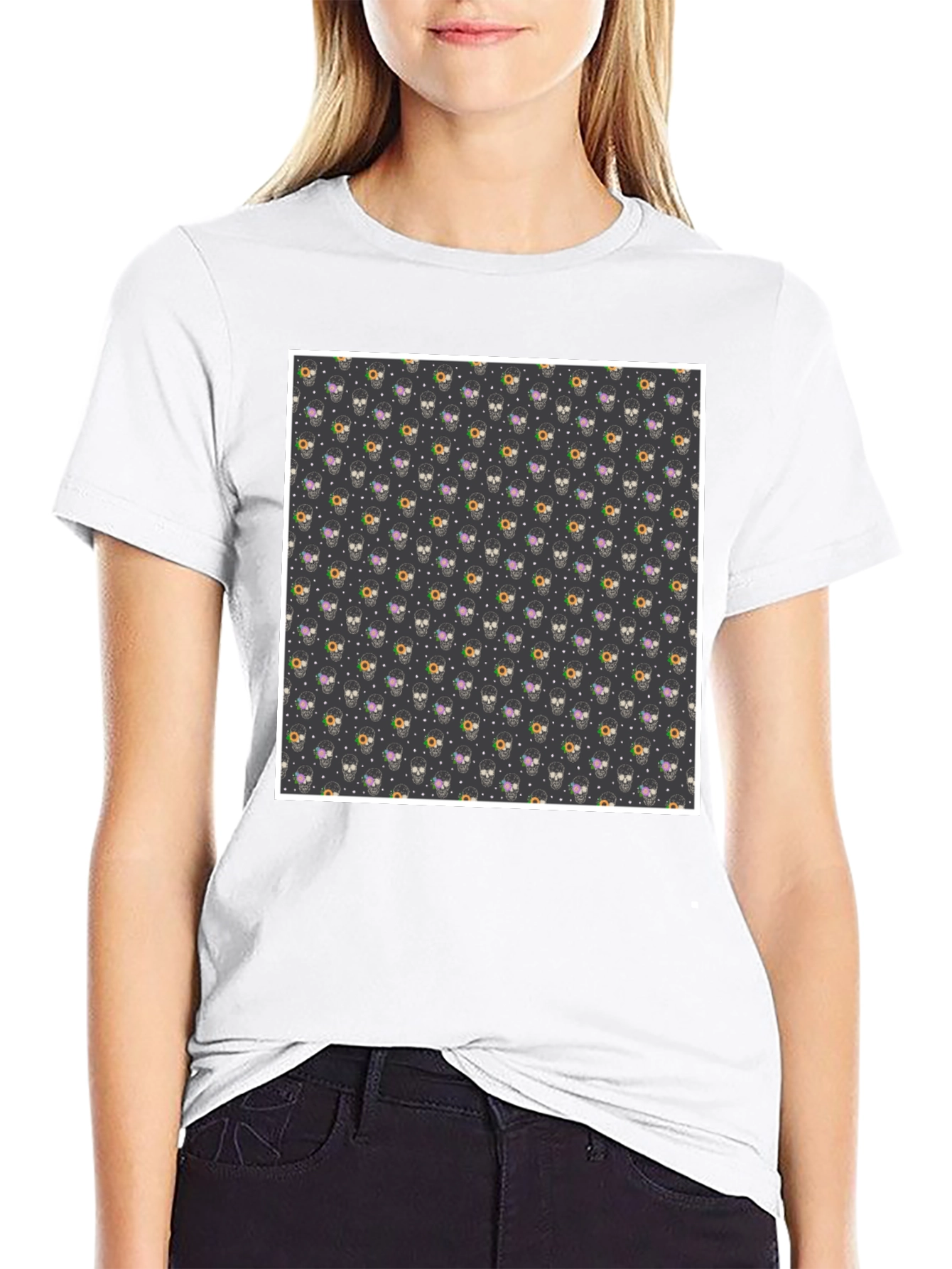 Skull & Floral Print Black T-Shirt