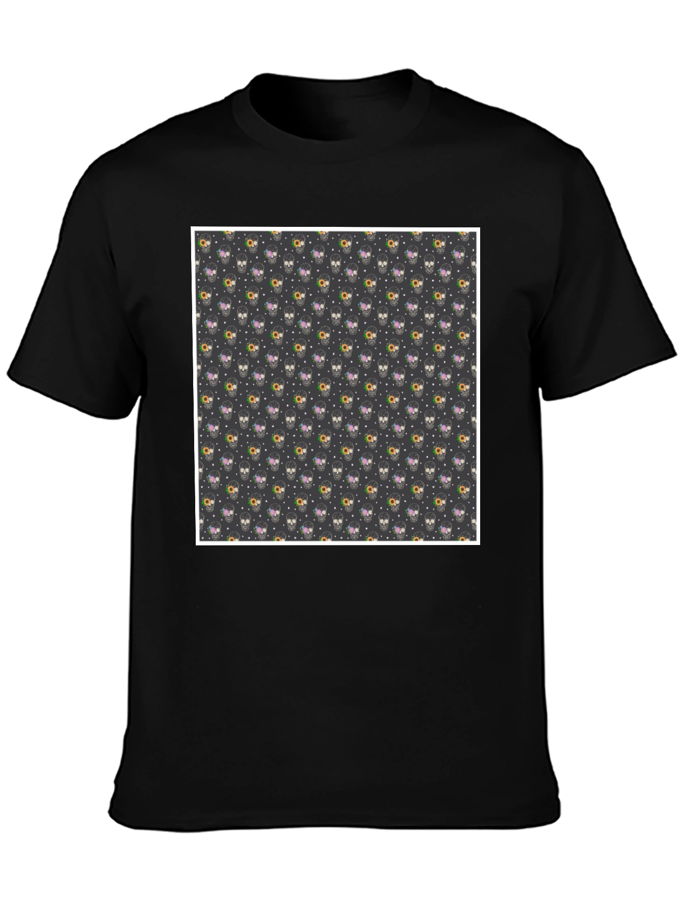 Skull & Floral Print Black T-Shirt