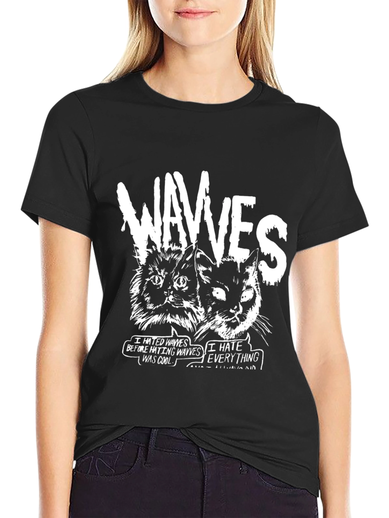 Wavves Cats Graphic Print Black T-Shirt