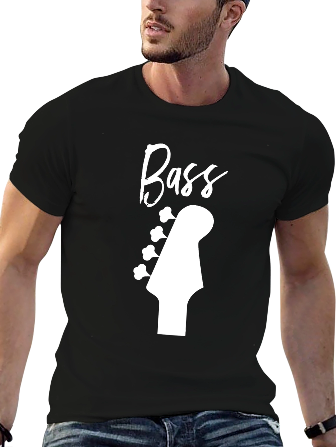 Bass Guitar Headstock Graphic Tee - Black Cotton Shirt