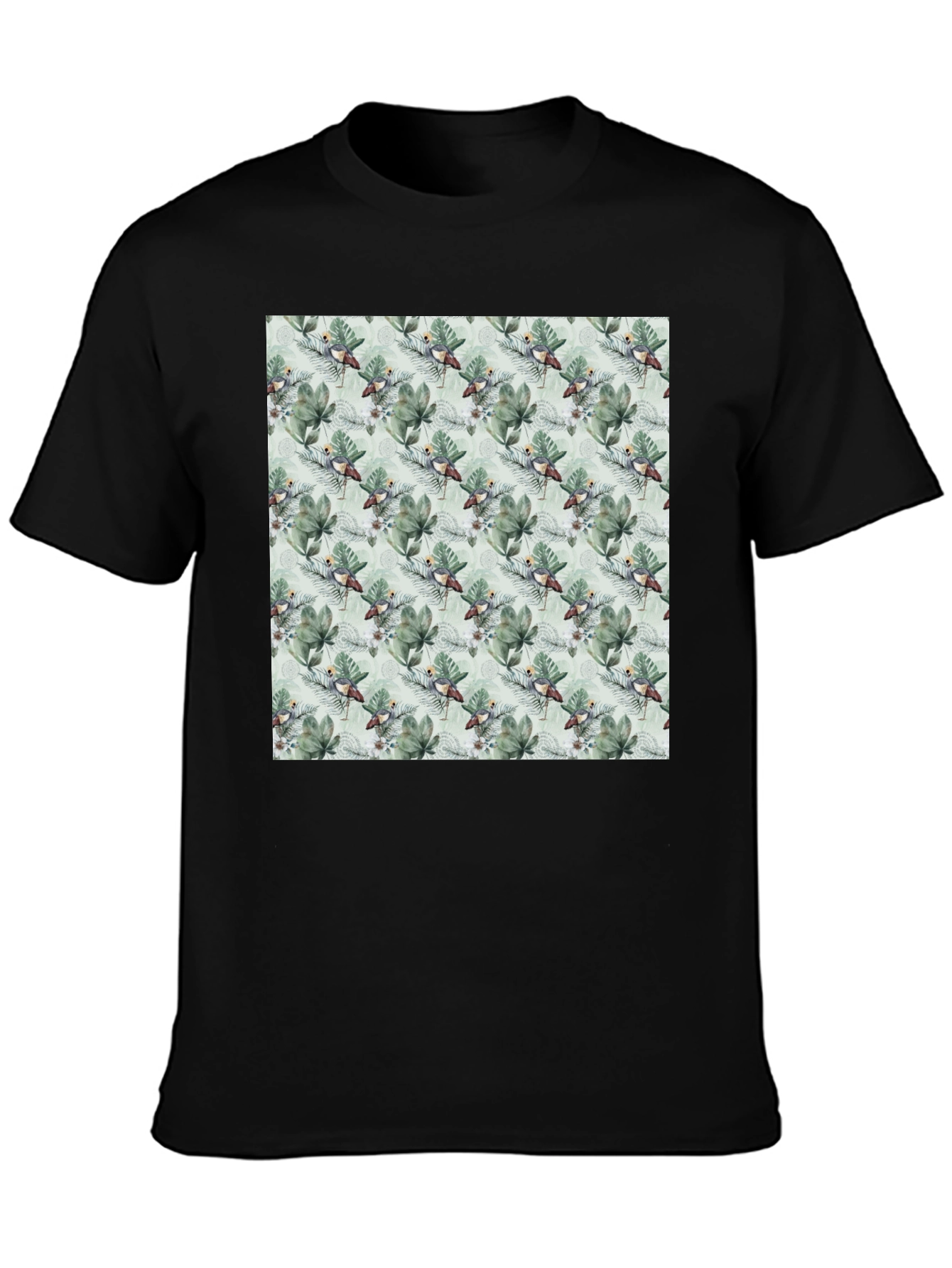 Tropical Bird & Leaf Print Black T-Shirt