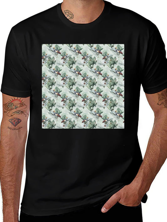 Tropical Bird & Leaf Print Black T-Shirt