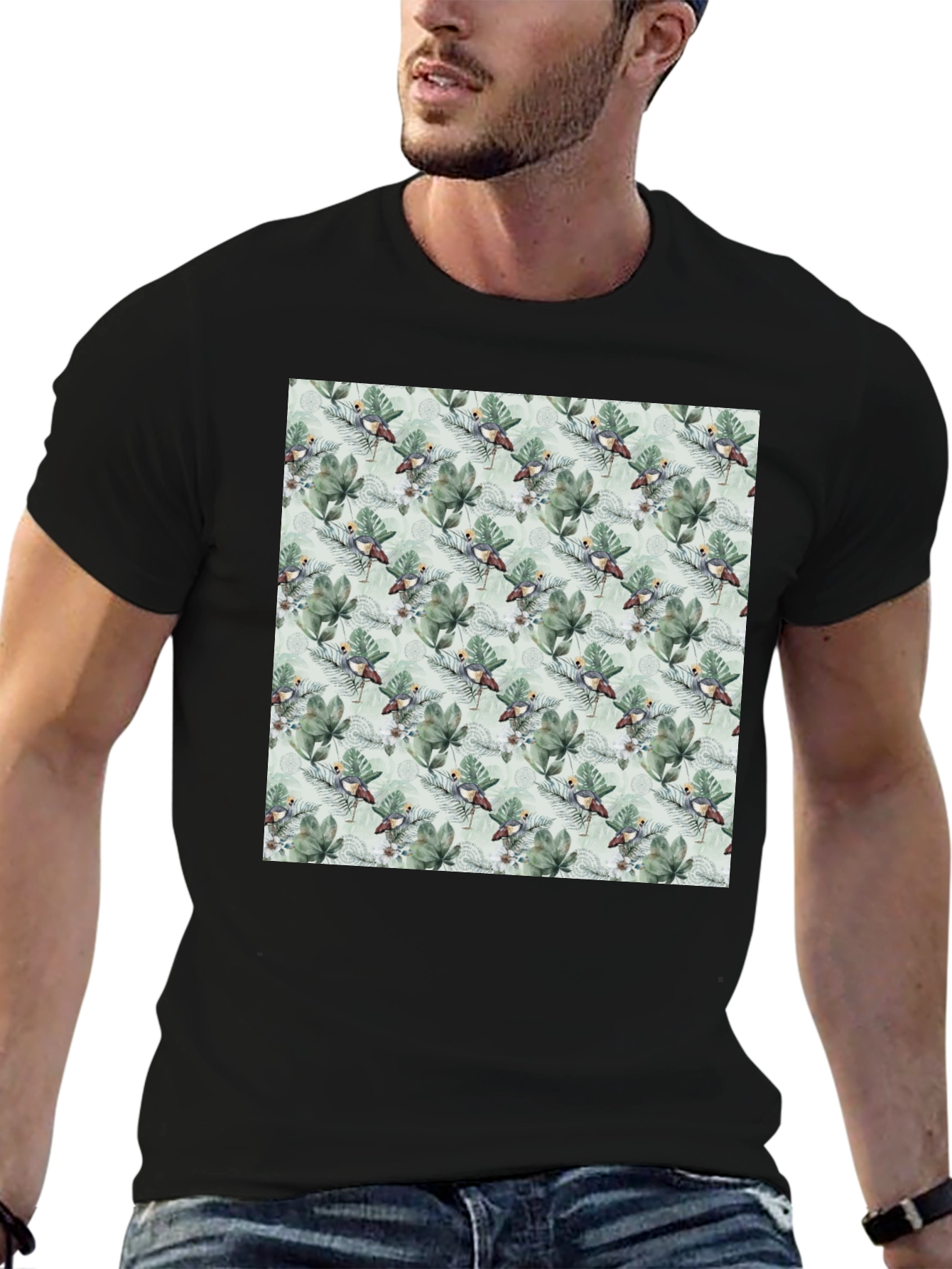 Tropical Bird & Leaf Print Black T-Shirt