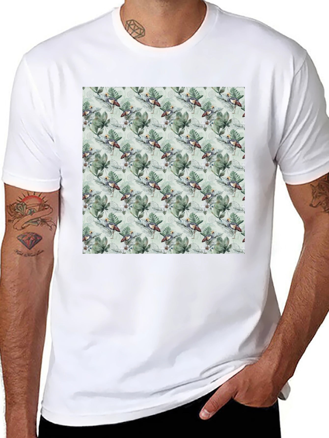 Tropical Bird & Leaf Print Black T-Shirt
