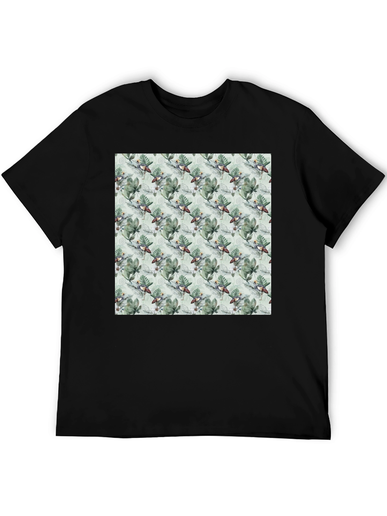 Tropical Bird & Leaf Print Black T-Shirt