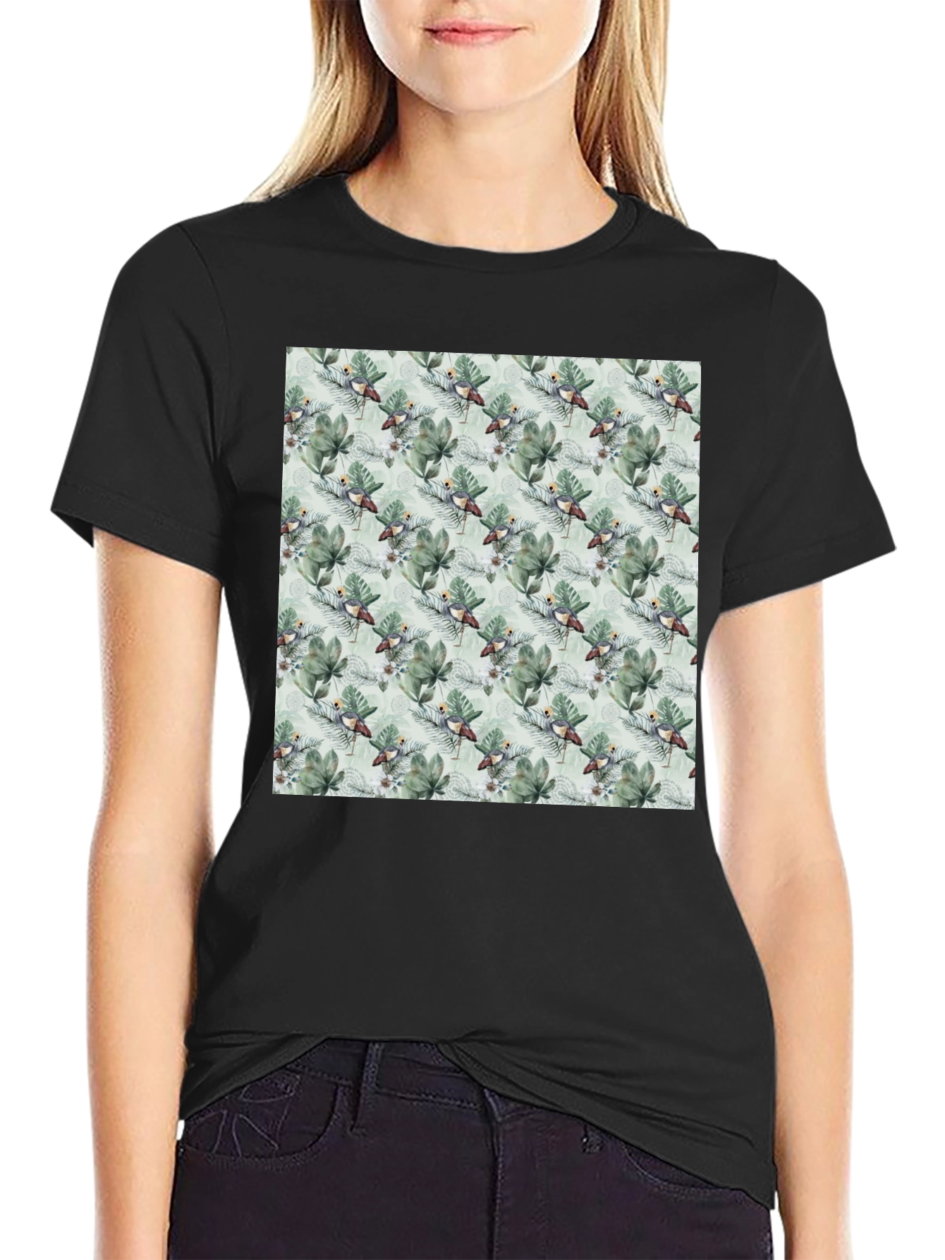Tropical Bird & Leaf Print Black T-Shirt