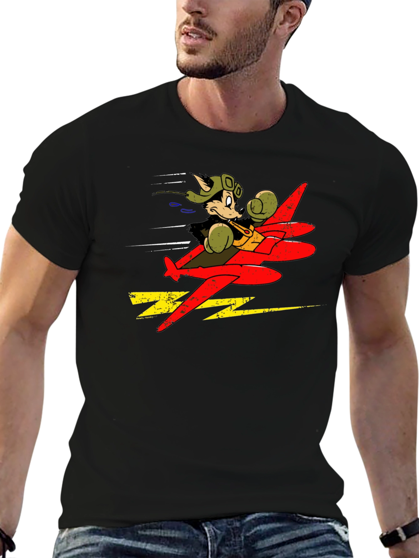 Cartoon Pilot Plane Graphic Black T-Shirt