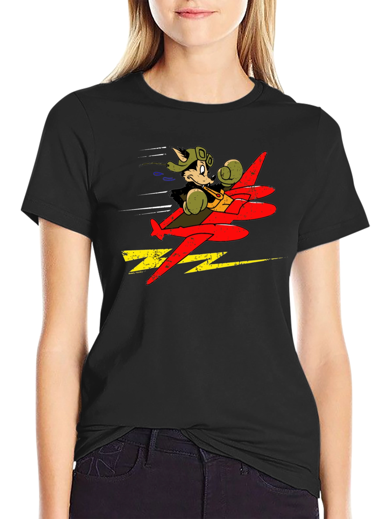 Cartoon Pilot Plane Graphic Black T-Shirt