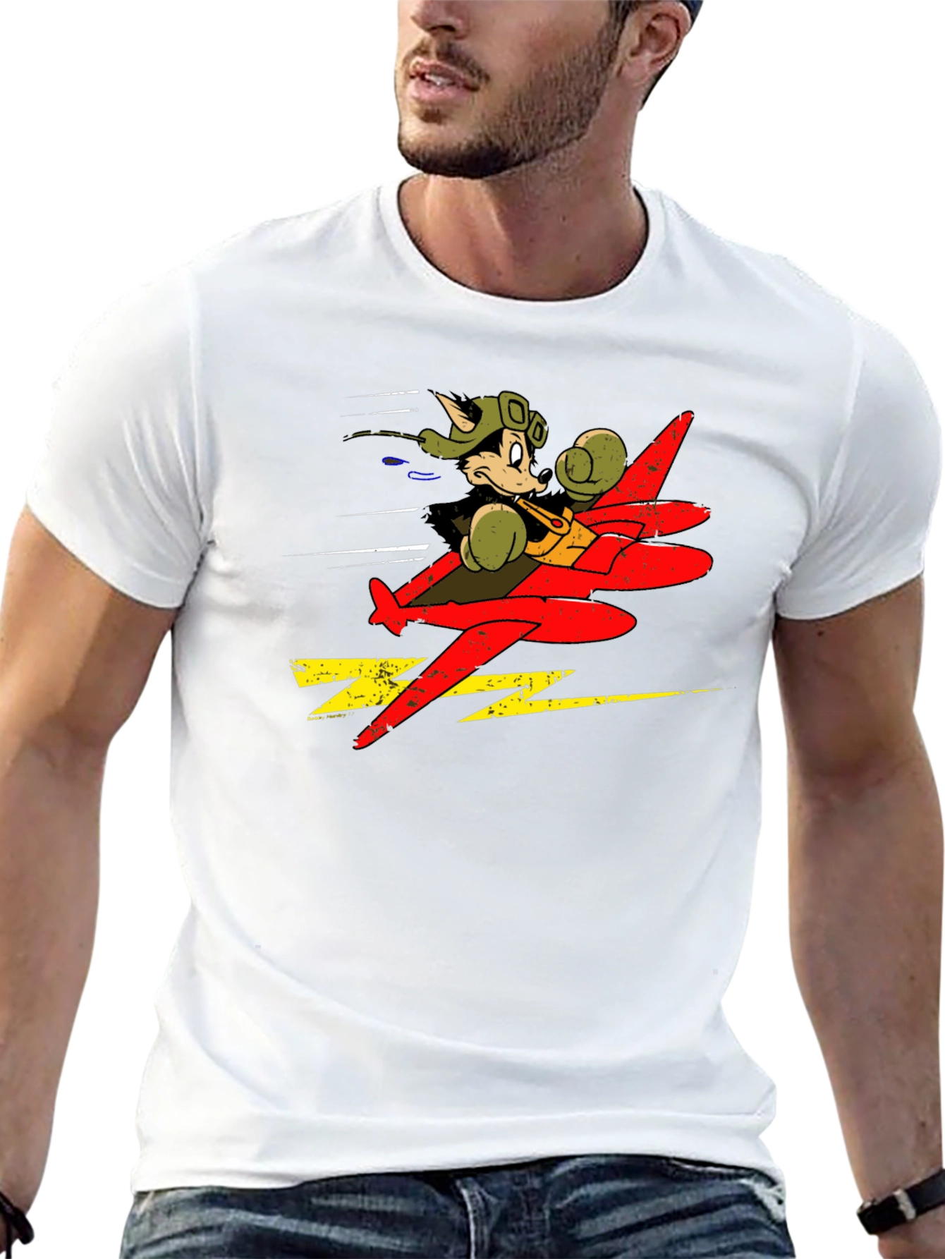 Cartoon Pilot Plane Graphic Black T-Shirt