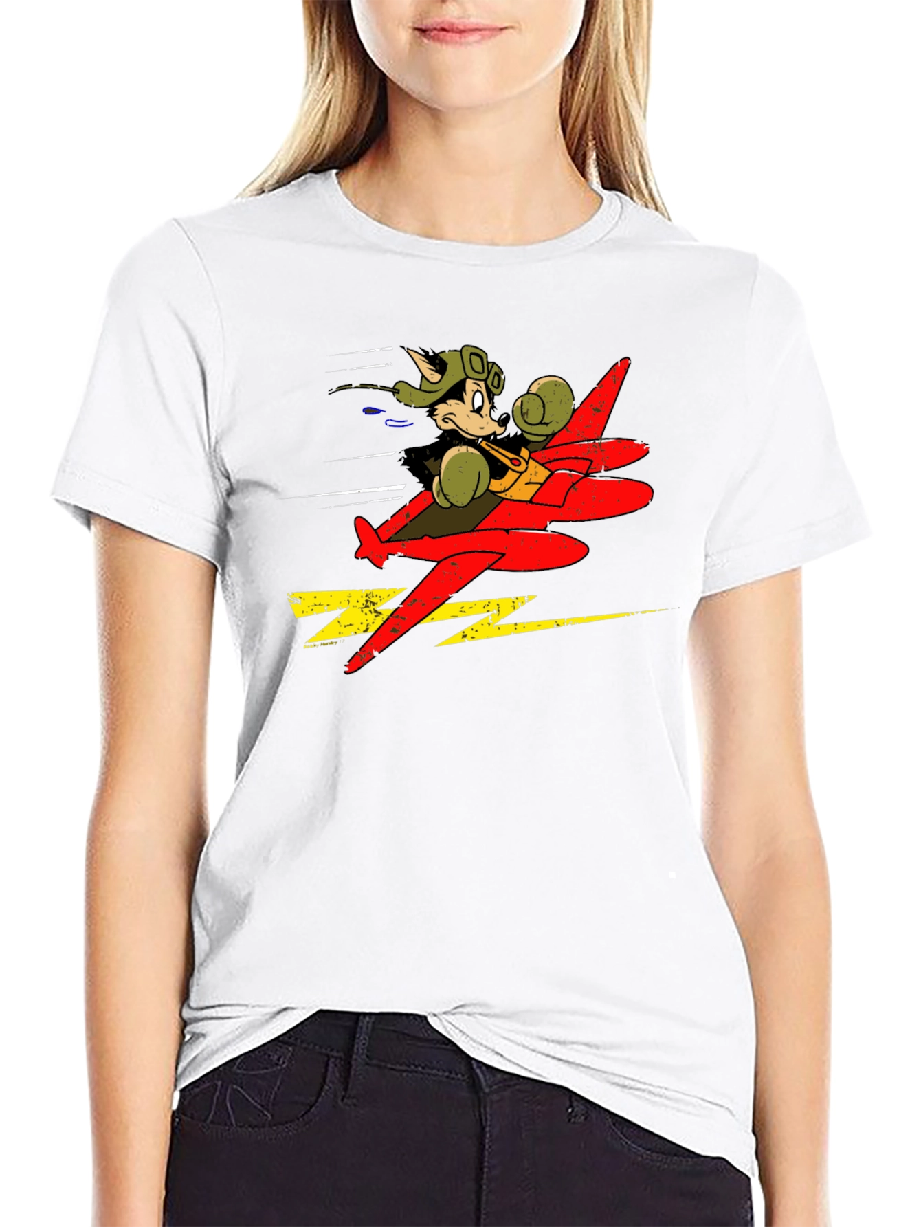Cartoon Pilot Plane Graphic Black T-Shirt