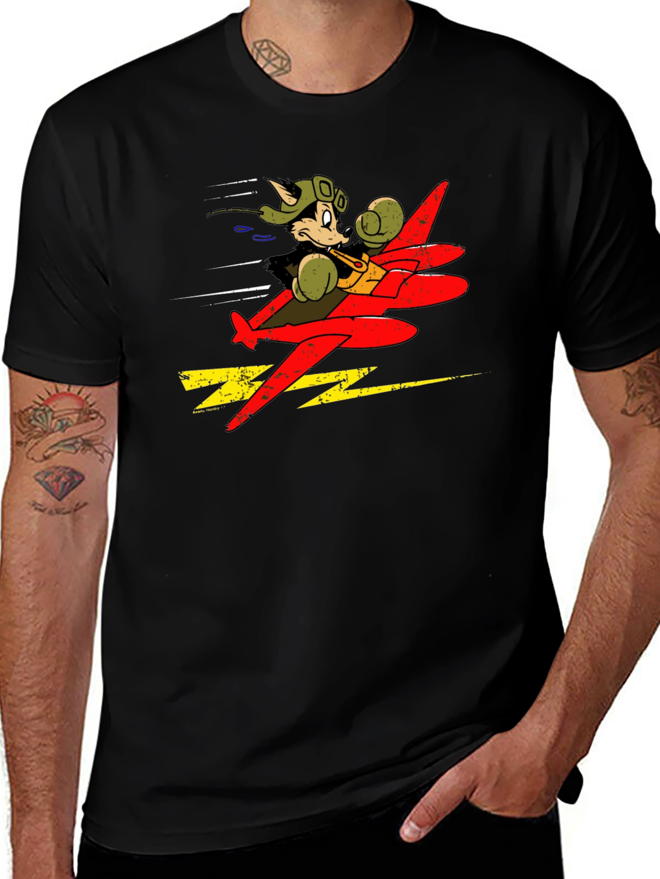 Cartoon Pilot Plane Graphic Black T-Shirt
