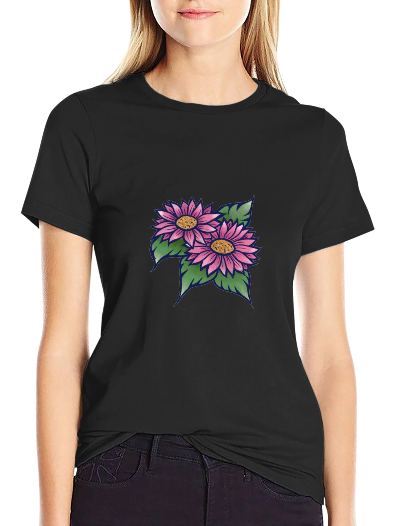 Black T-Shirt with Floral Design