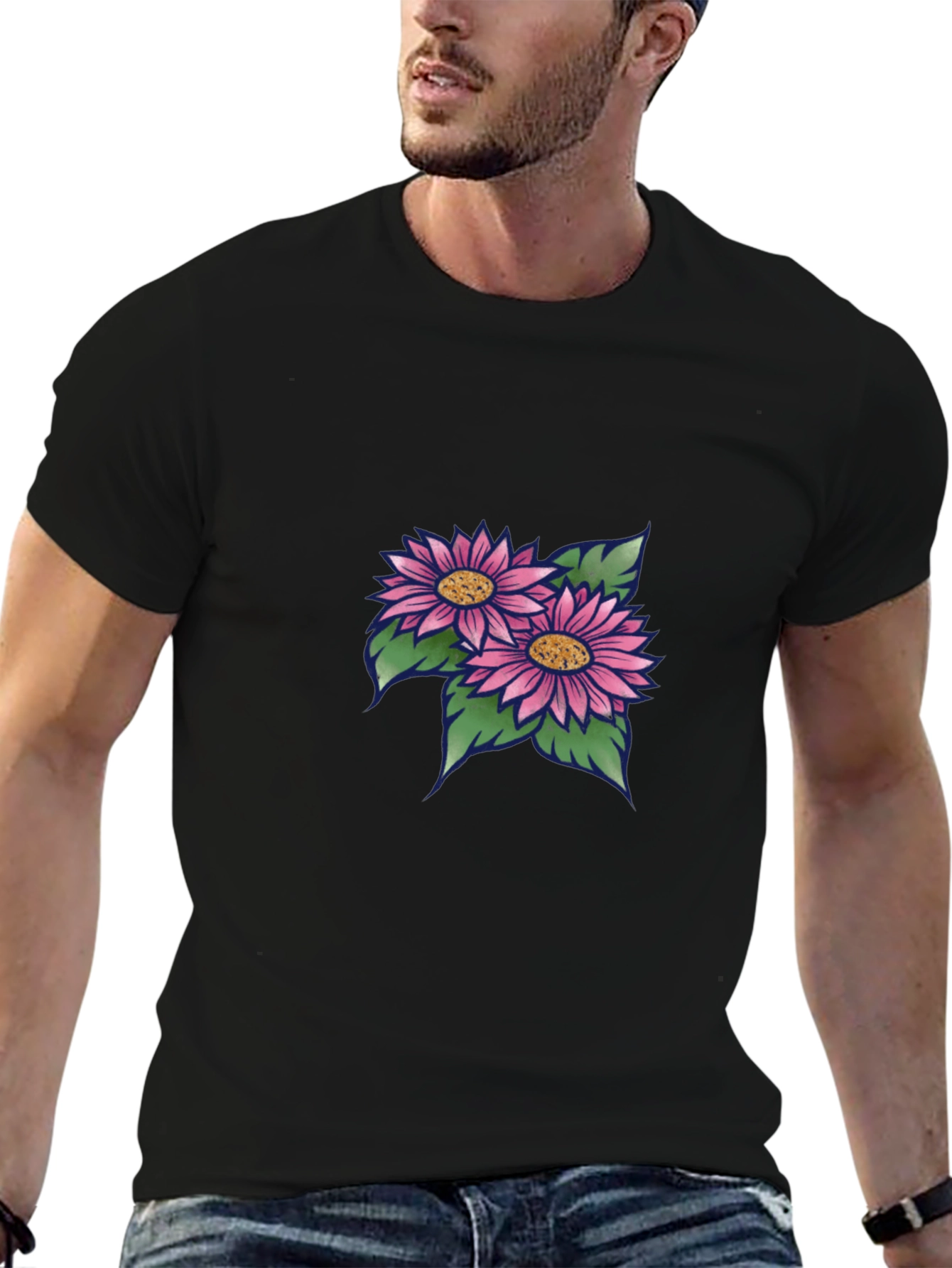 Black T-Shirt with Floral Design