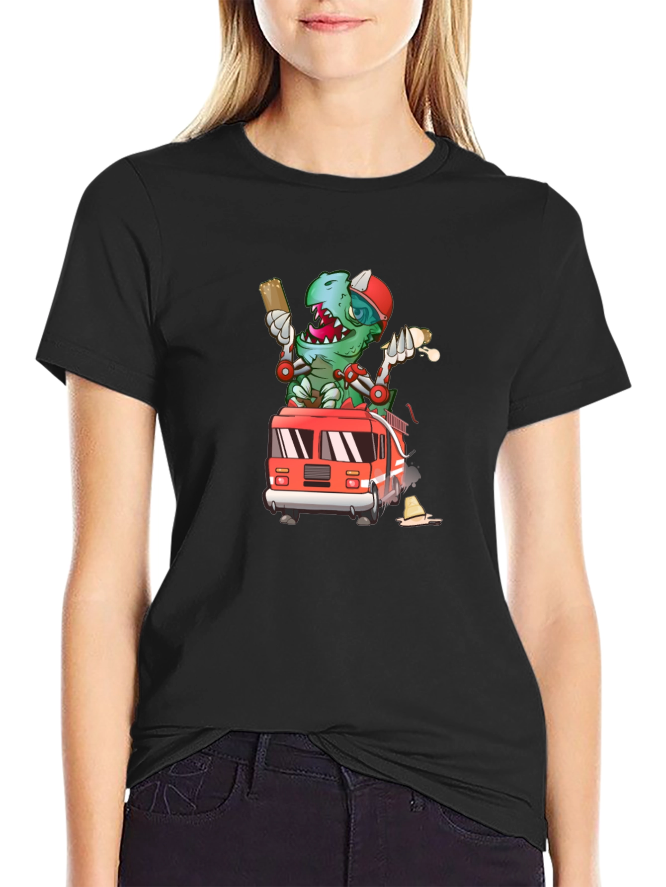 Cartoon Firefighter Dinosaur T-Shirt