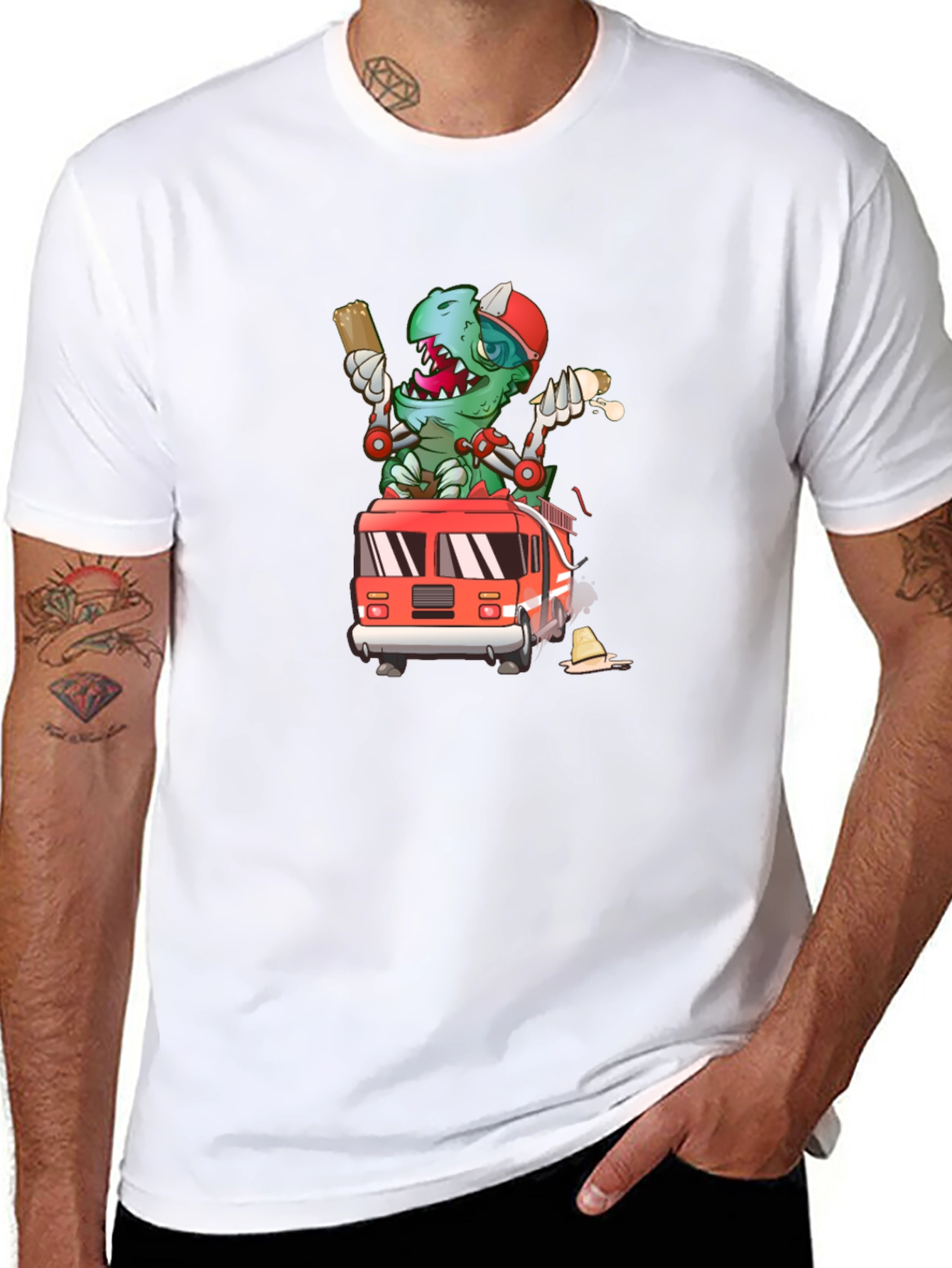 Cartoon Firefighter Dinosaur T-Shirt