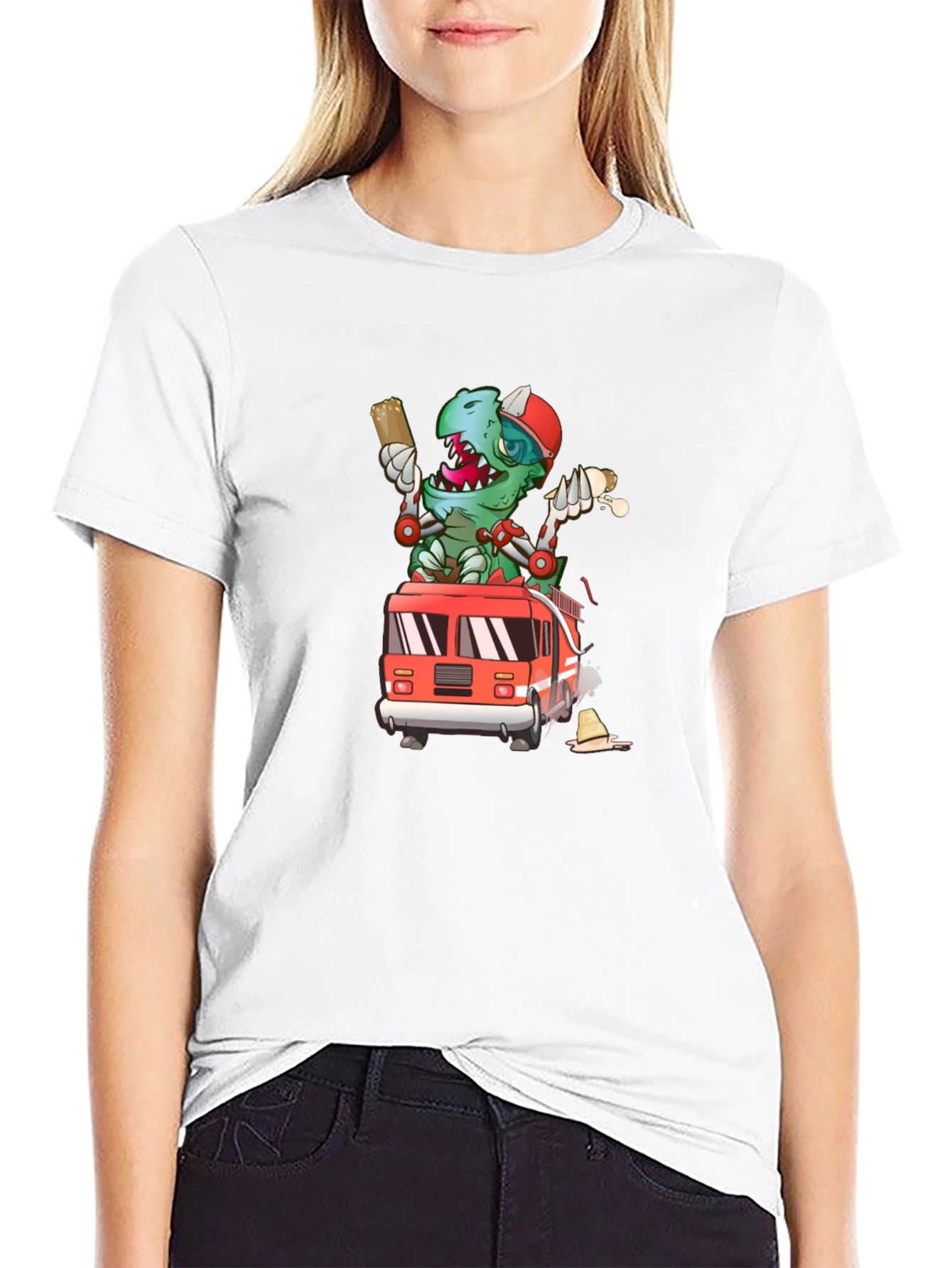 Cartoon Firefighter Dinosaur T-Shirt