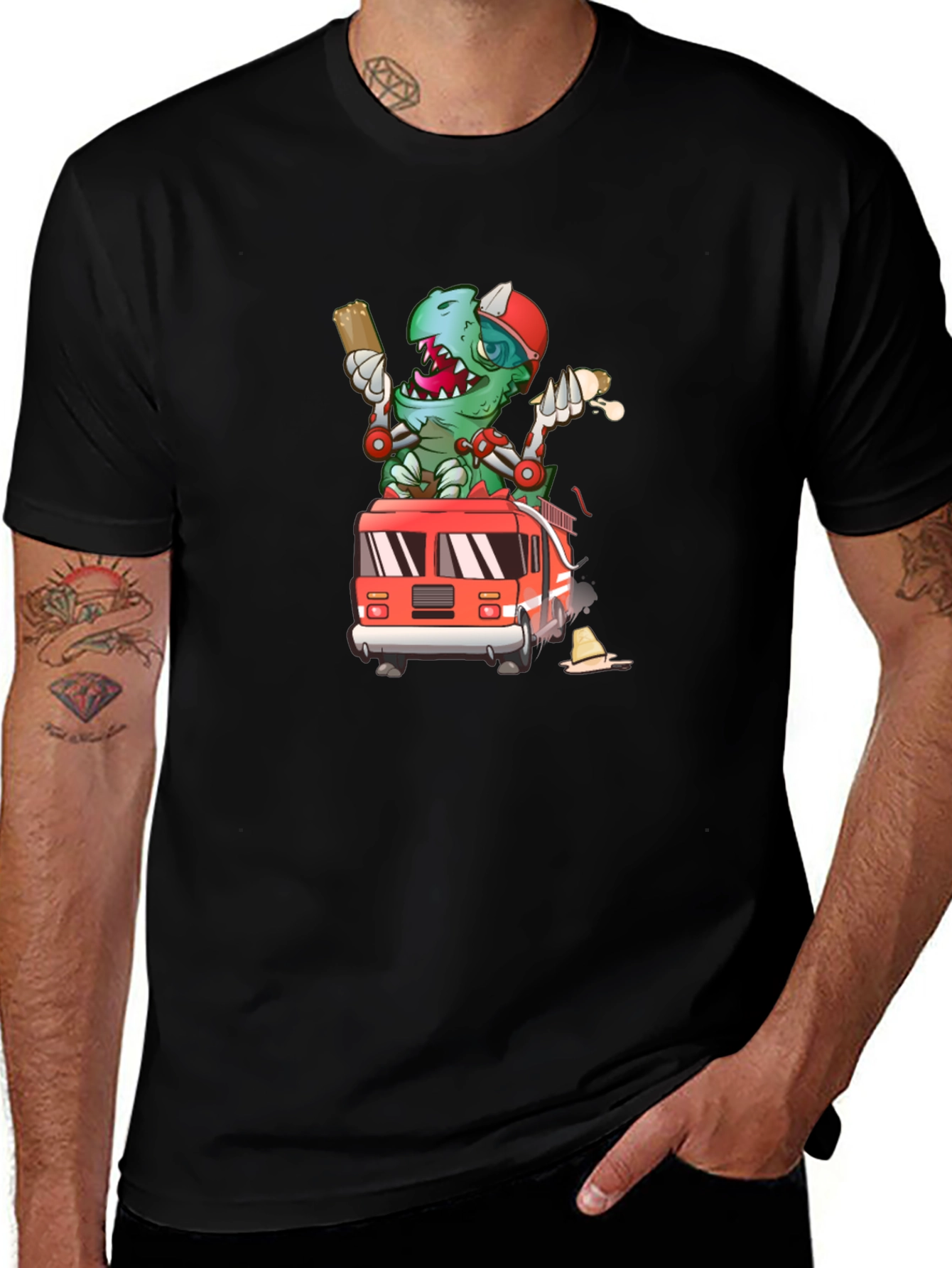 Cartoon Firefighter Dinosaur T-Shirt