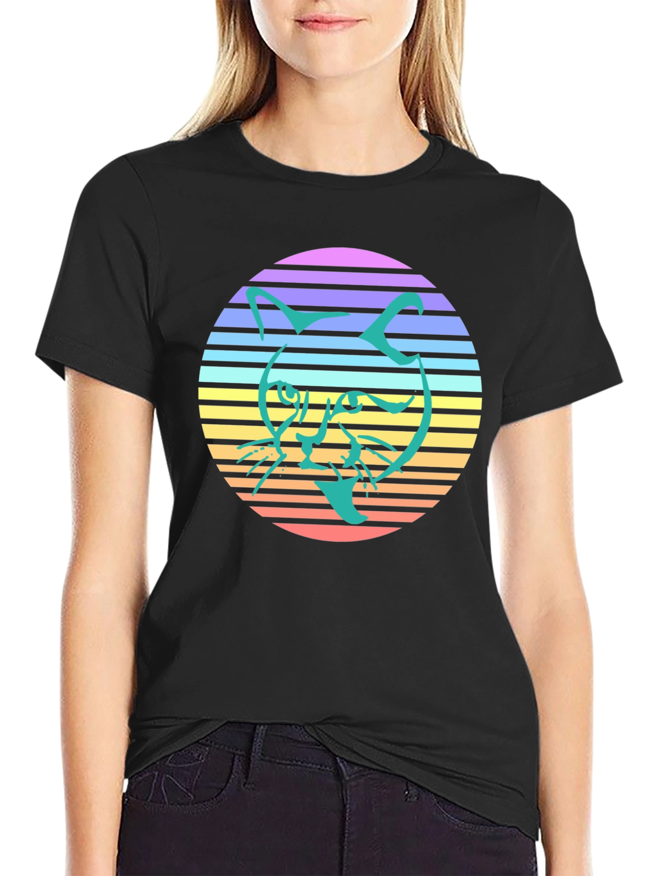 Retro Cat Graphic Tee - Stylish Black T-Shirt
