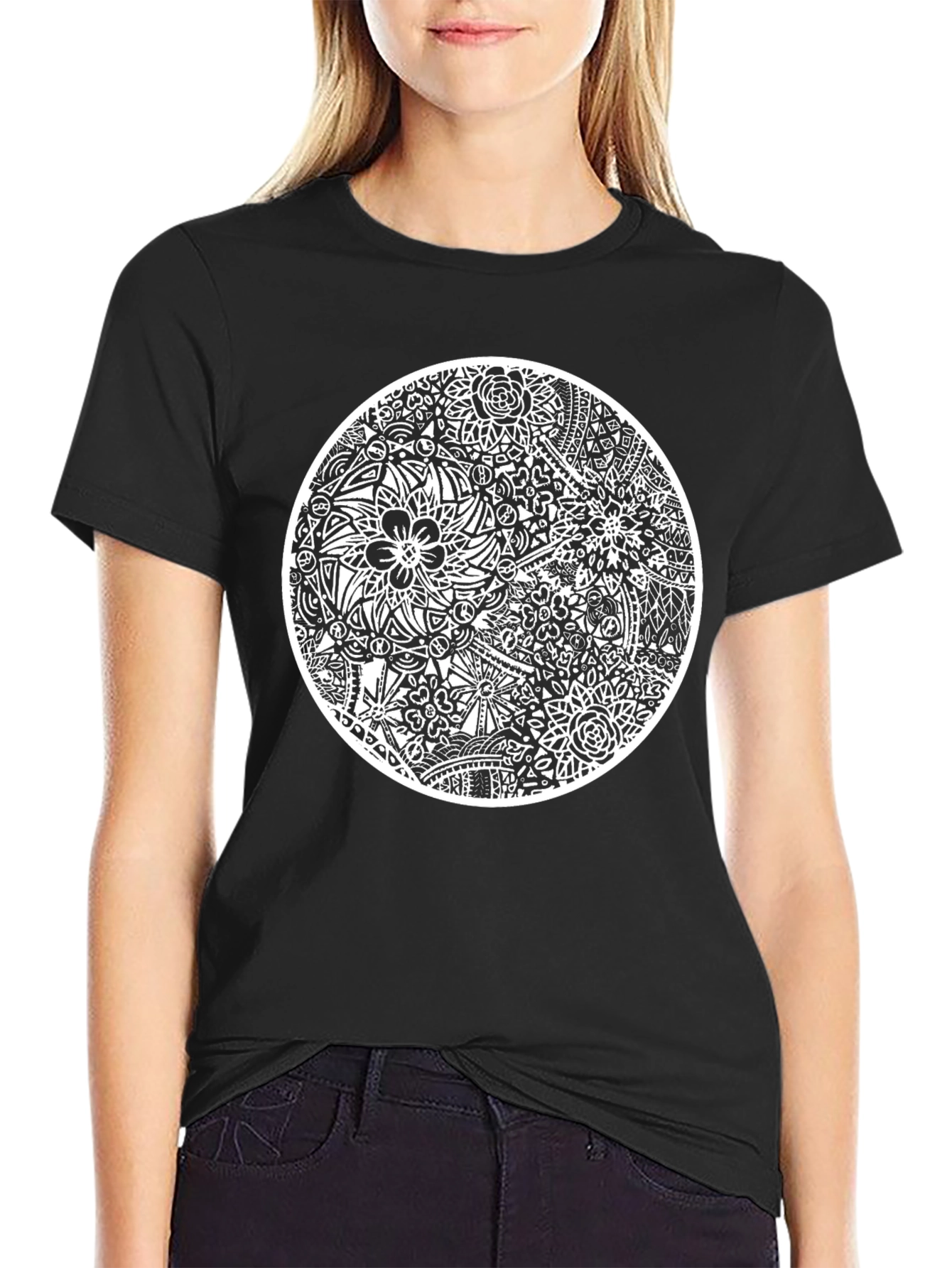 Abstract Floral Design Black T-Shirt