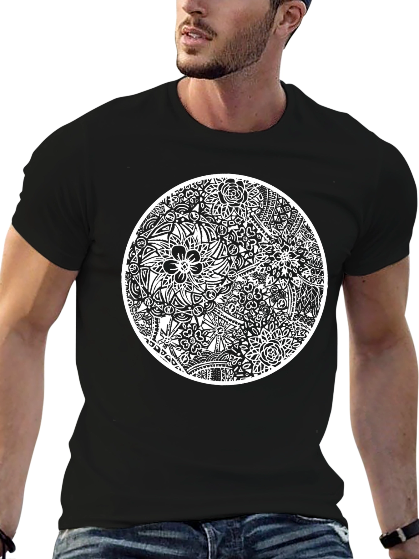 Abstract Floral Design Black T-Shirt