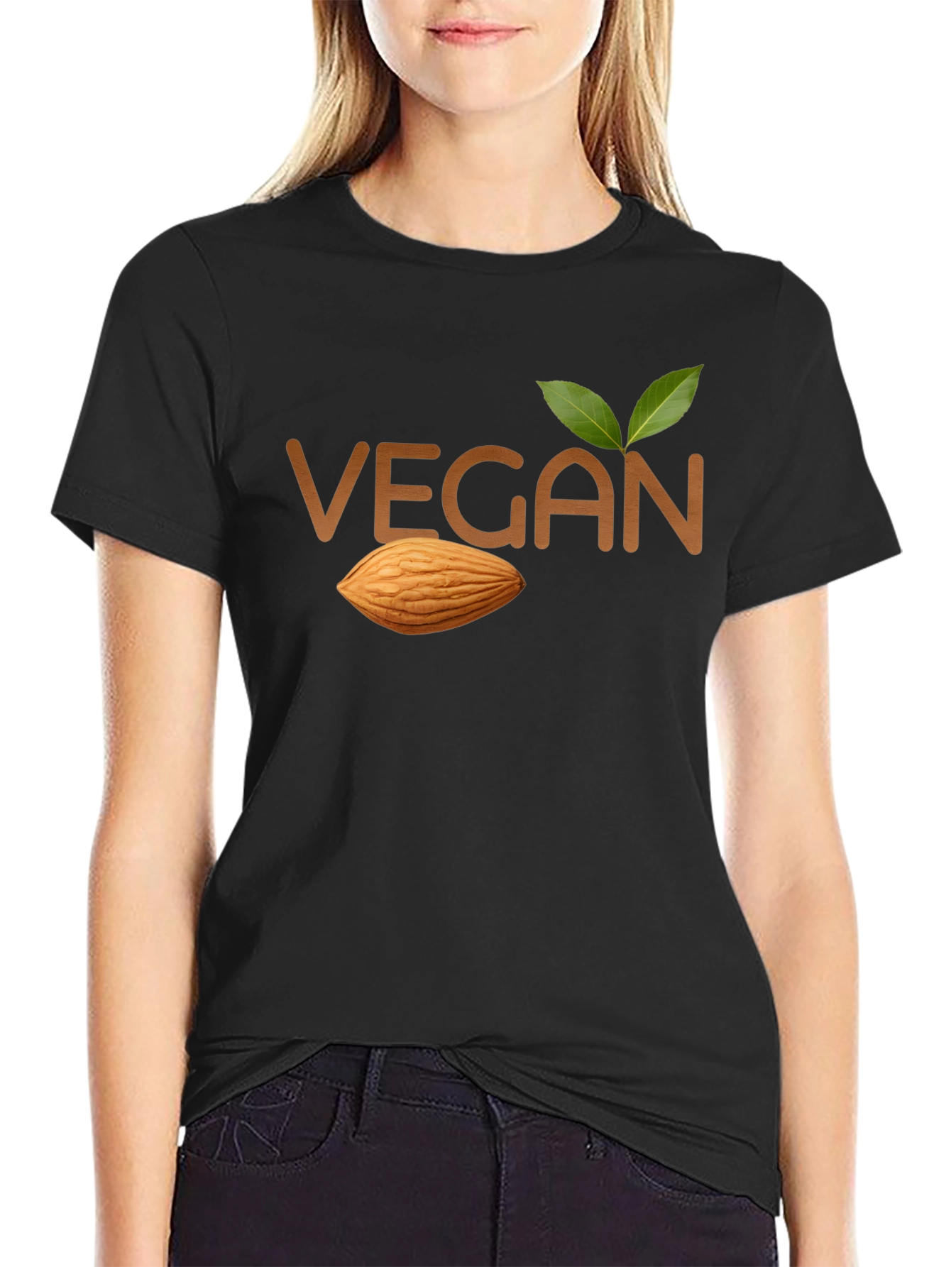 Vegan Almond T-Shirt - Black Crew Neck Tee